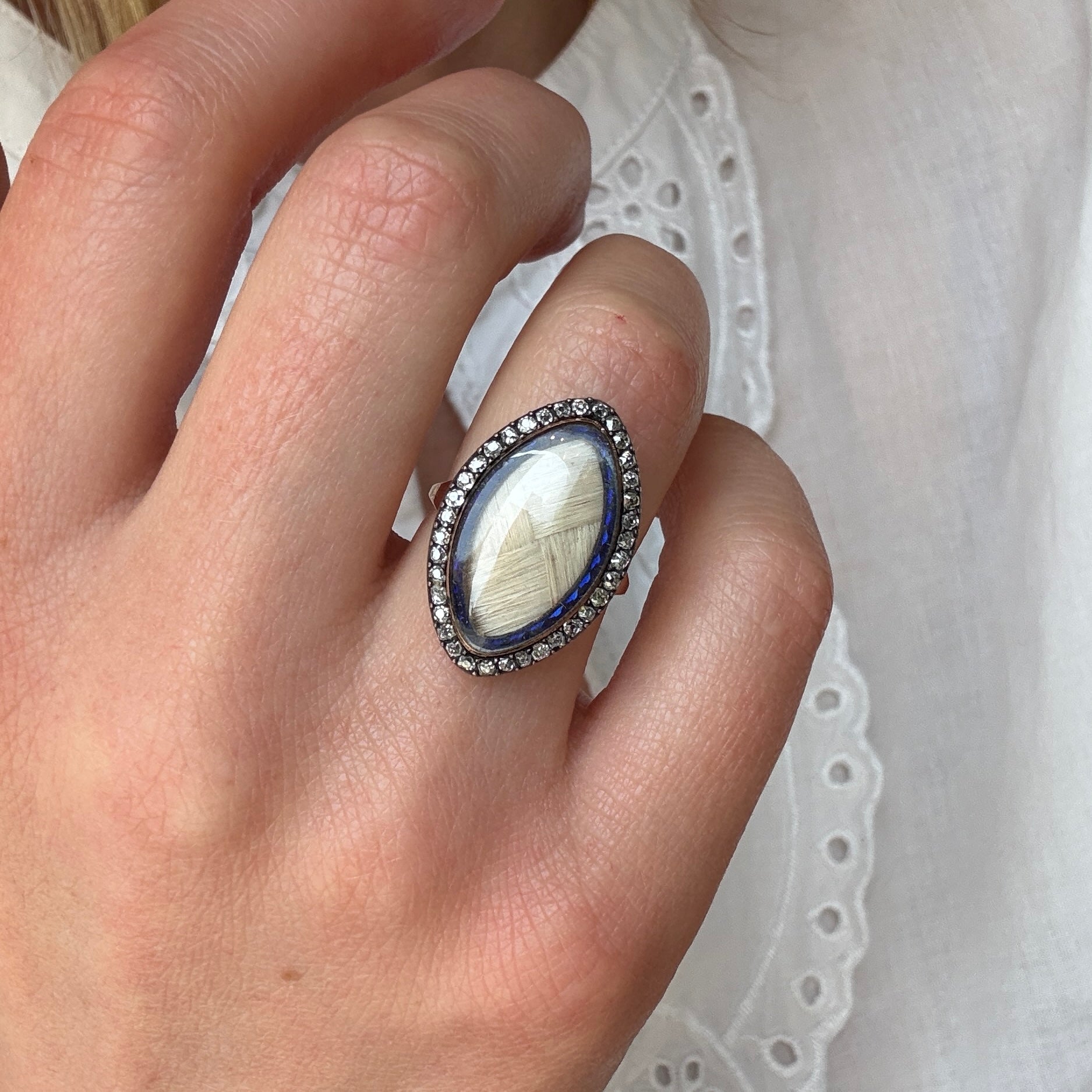 Georgian Diamond Enamel Hair Navette Ring-Charlotte Sayers Antique Jewellery
