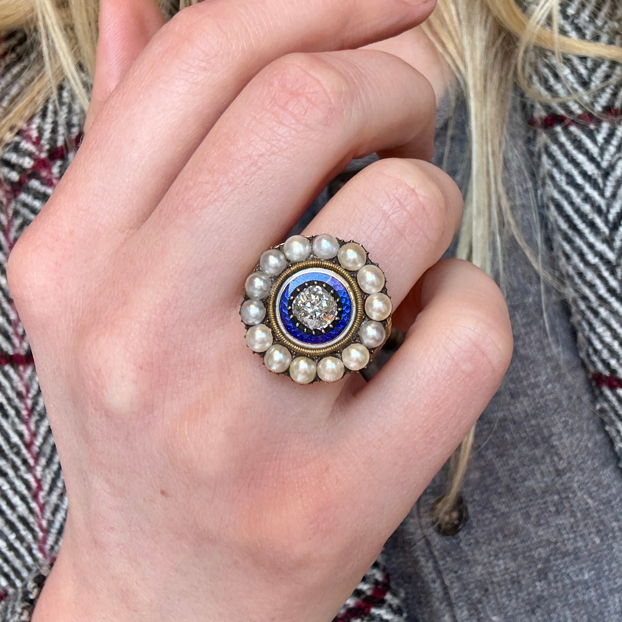 Georgian Diamond Enamel Pearl Ring-Charlotte Sayers Antique Jewellery