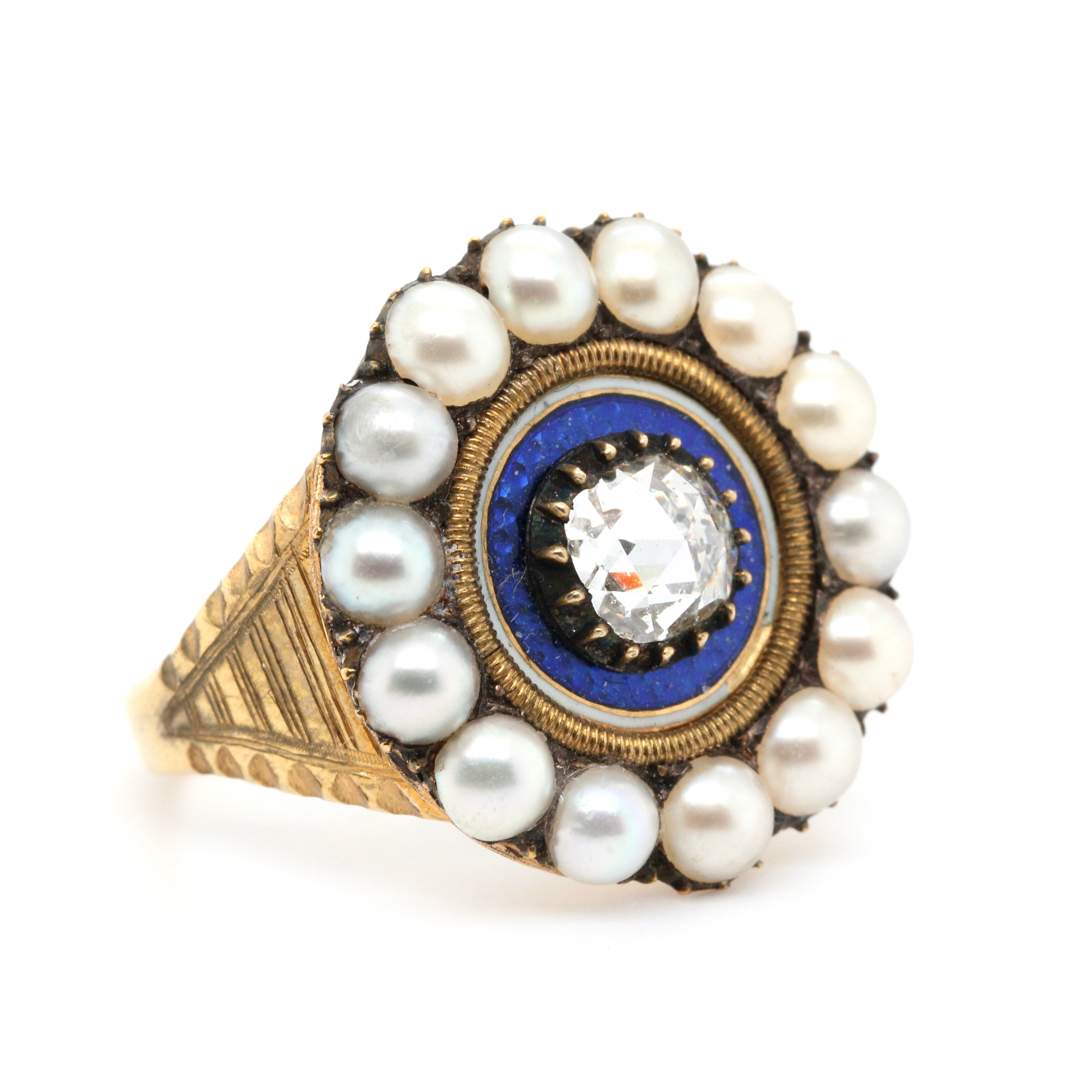 Georgian Diamond Enamel Pearl Ring-Charlotte Sayers Antique Jewellery