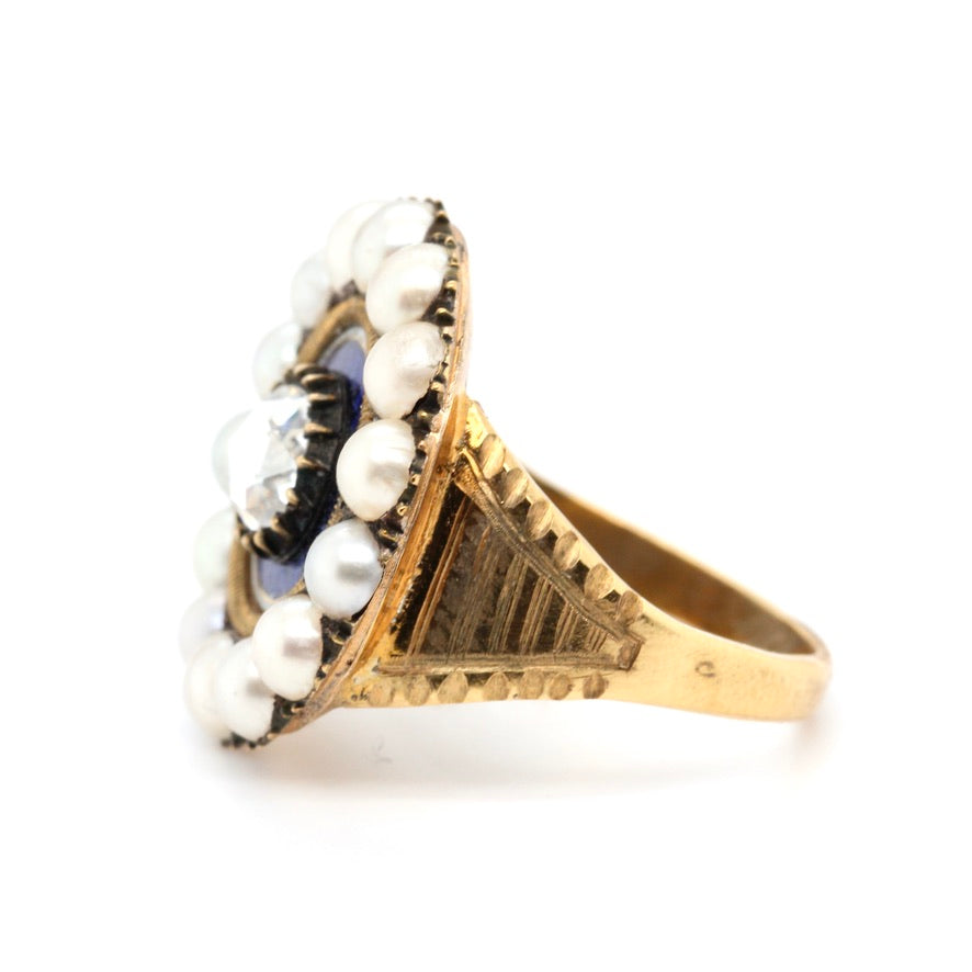 Georgian Diamond Enamel Pearl Ring-Charlotte Sayers Antique Jewellery