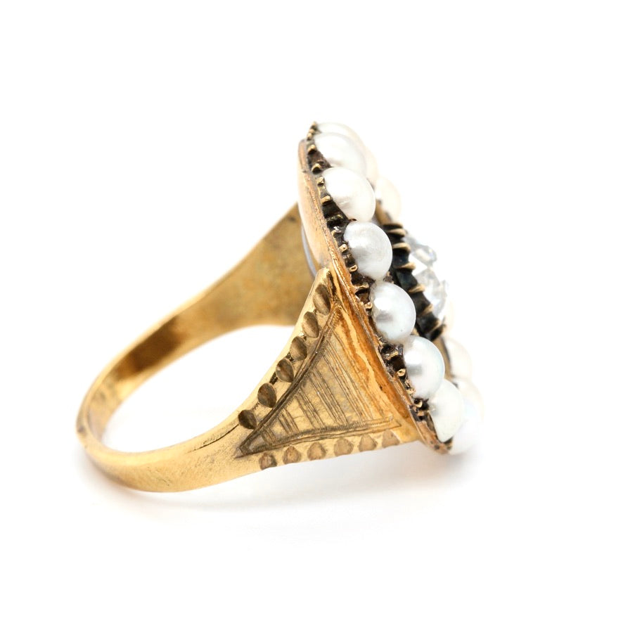 Georgian Diamond Enamel Pearl Ring-Charlotte Sayers Antique Jewellery