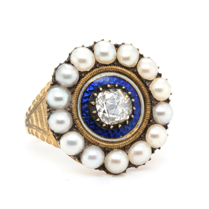 Georgian Diamond Enamel Pearl Ring-Charlotte Sayers Antique Jewellery