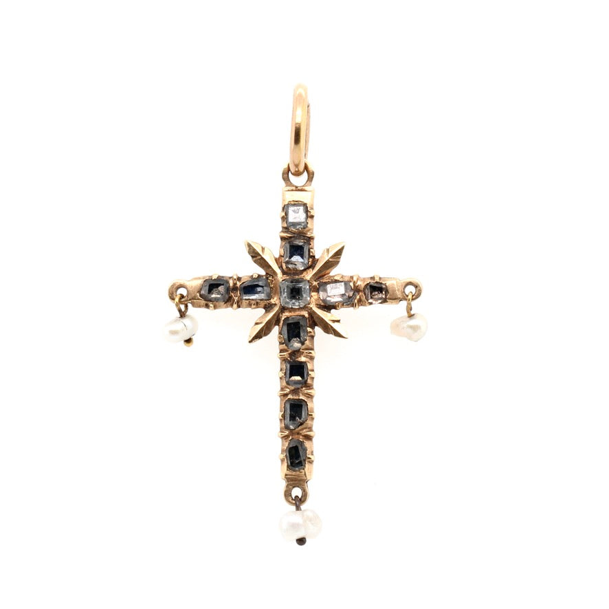 Georgian Diamond and Pearl Gold Cross-Charlotte Sayers Antique Jewellery