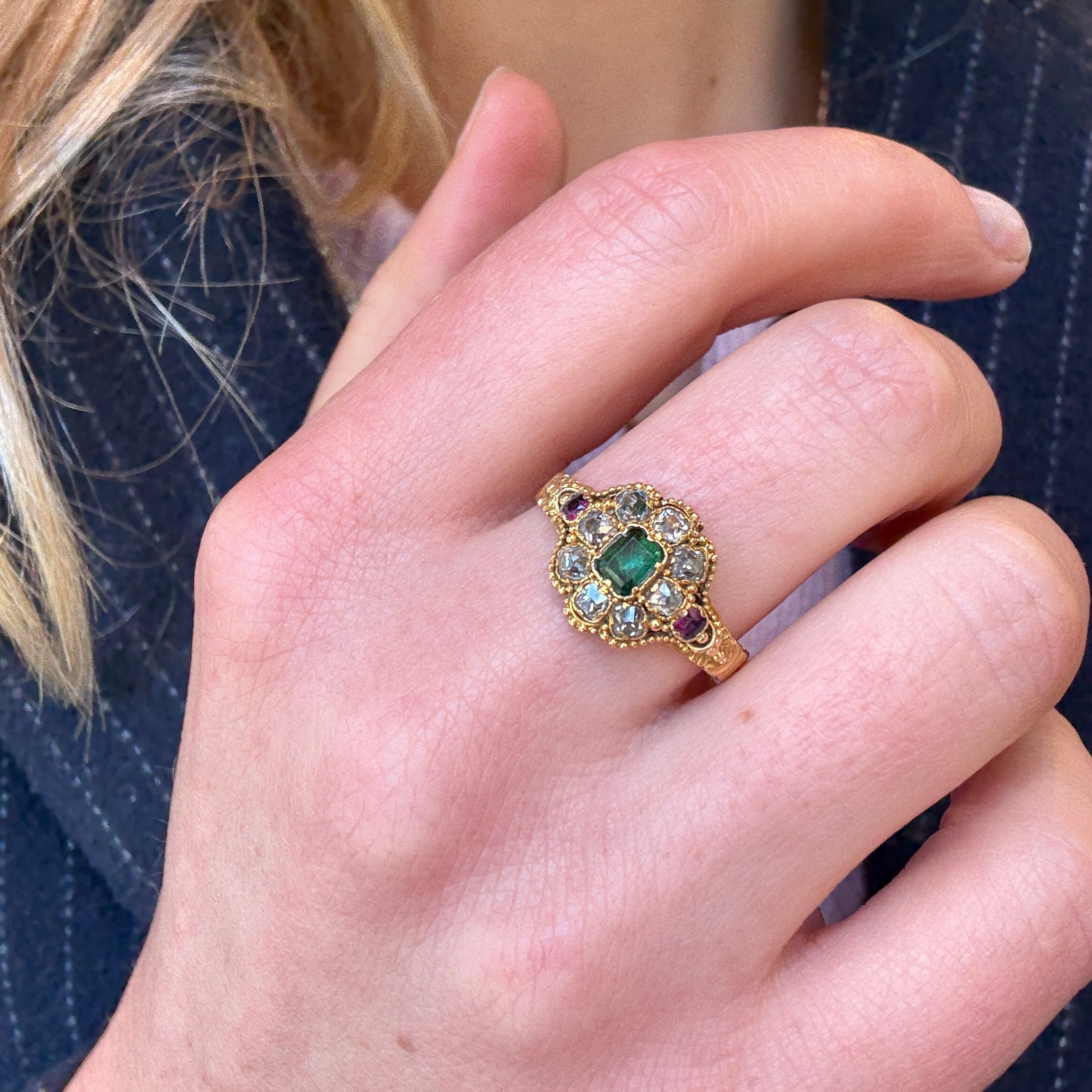 Georgian Emerald & Diamond Cluster Ring-Charlotte Sayers Antique Jewellery
