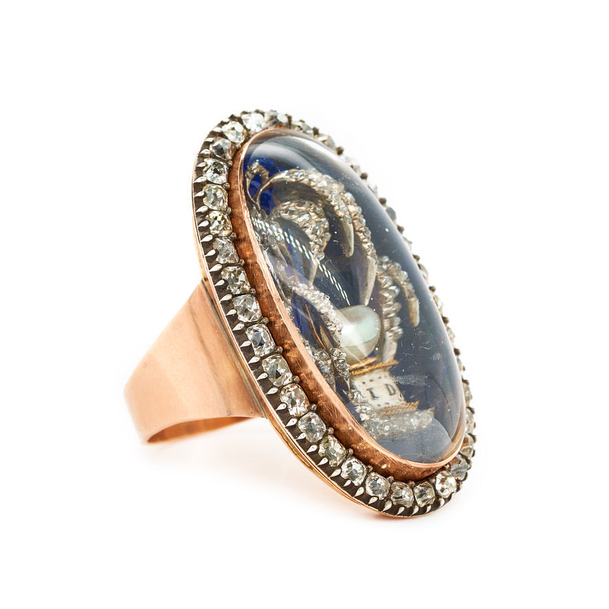 Georgian Enamel Diamond and Pearl Mourning Ring-Charlotte Sayers Antique Jewellery