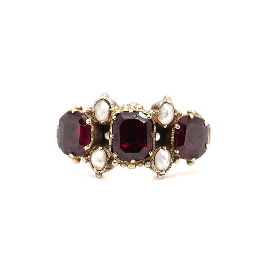 Georgian Flat Cut Garnet and Pearl Ring-Charlotte Sayers Antique Jewellery