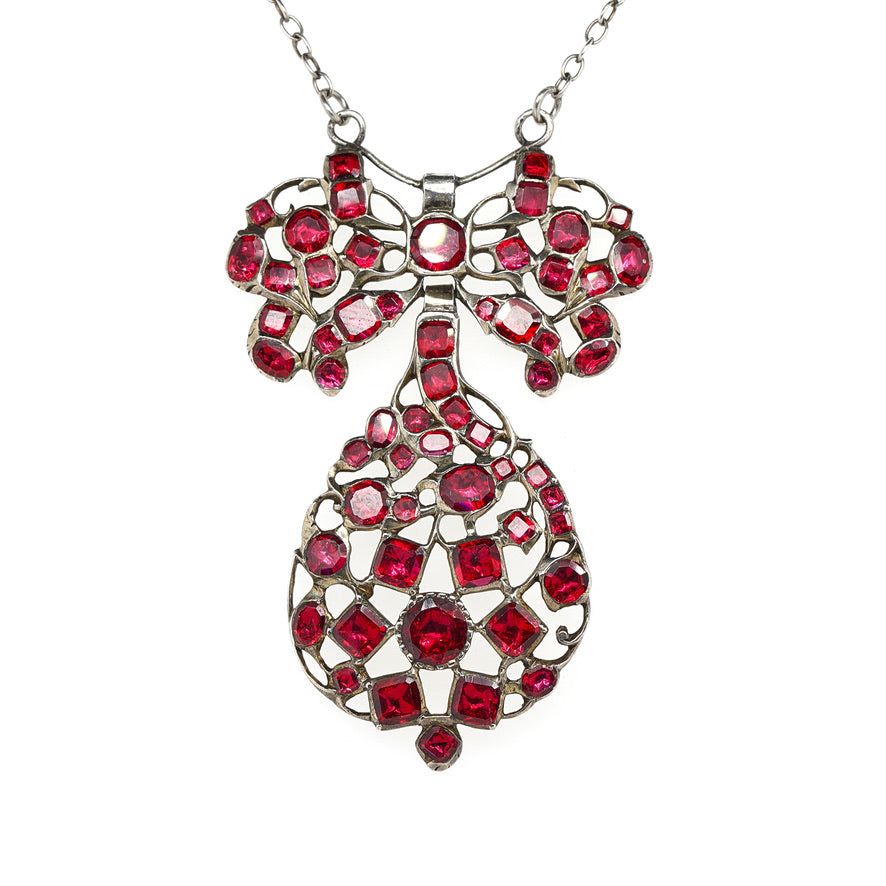 Georgian Foil Backed Garnet Bow Topped Pendant-Charlotte Sayers Antique Jewellery