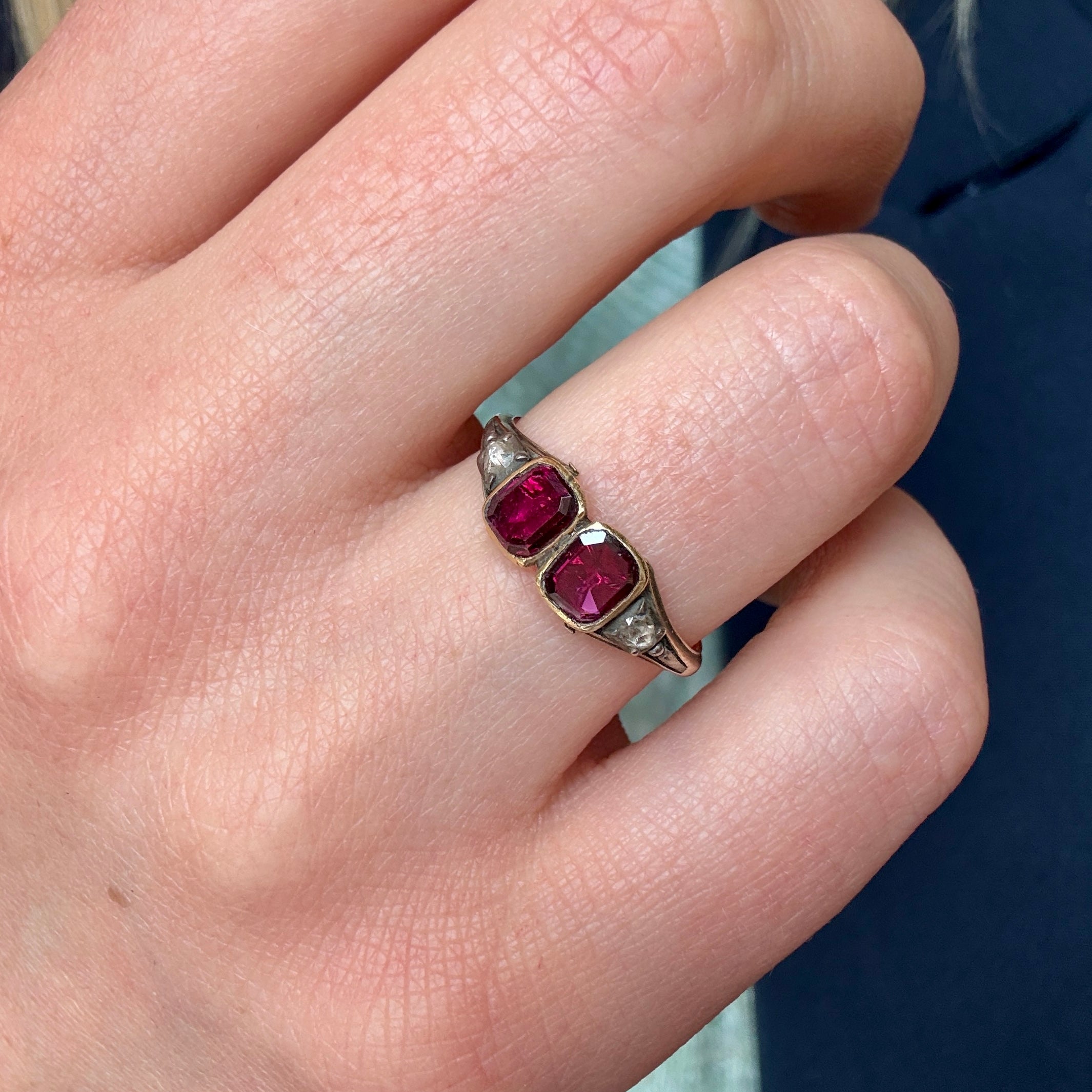Georgian Garnet Diamond Double Basket Ring-Charlotte Sayers Antique Jewellery