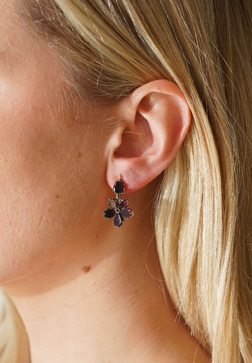 Georgian Garnet Flower Earrings-Charlotte Sayers Antique Jewellery