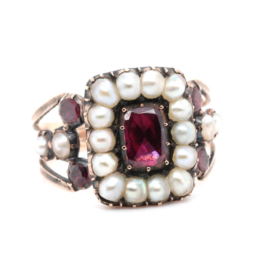 Georgian Garnet Pearl Memorial Ring-Charlotte Sayers Antique Jewellery