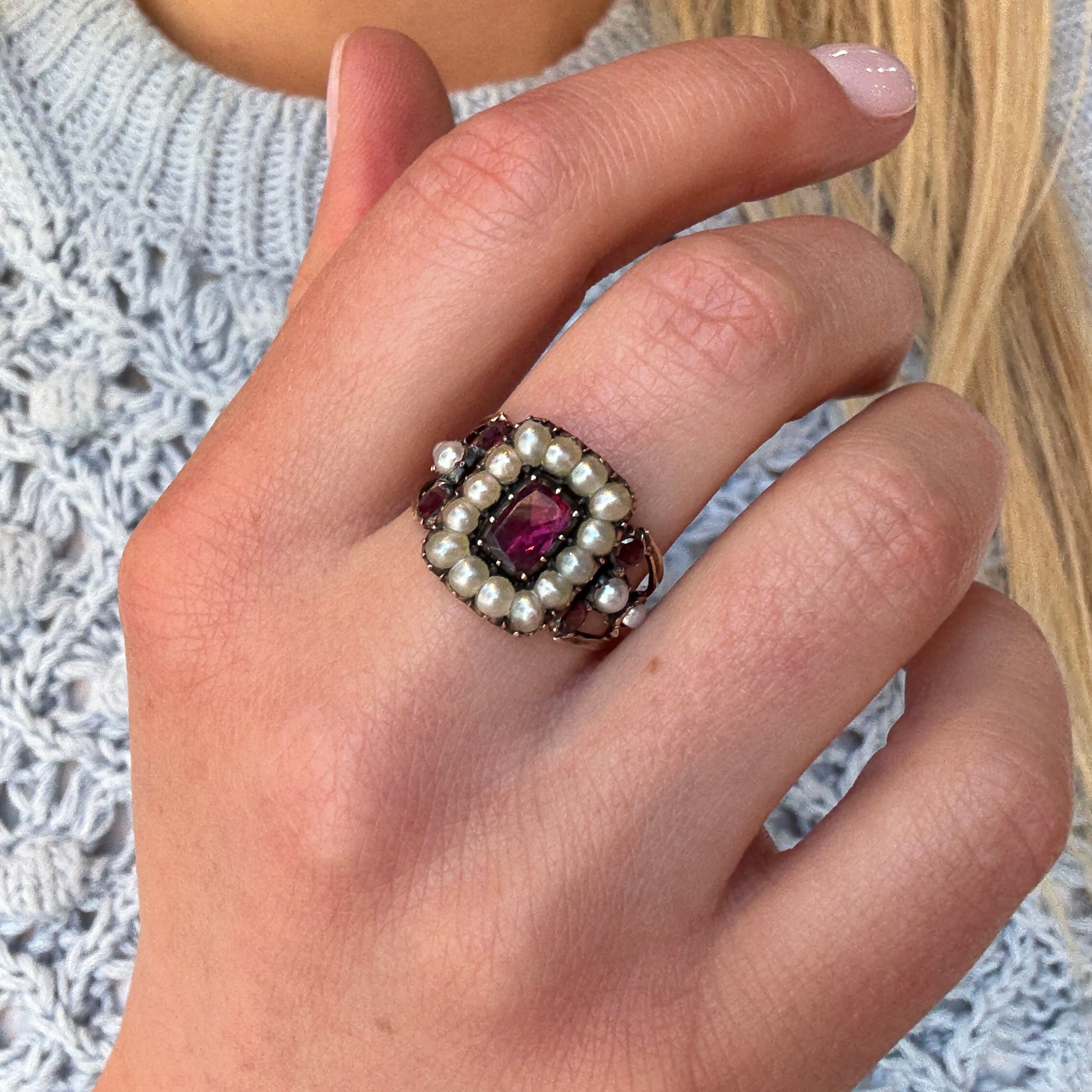 Georgian Garnet Pearl Memorial Ring-Charlotte Sayers Antique Jewellery