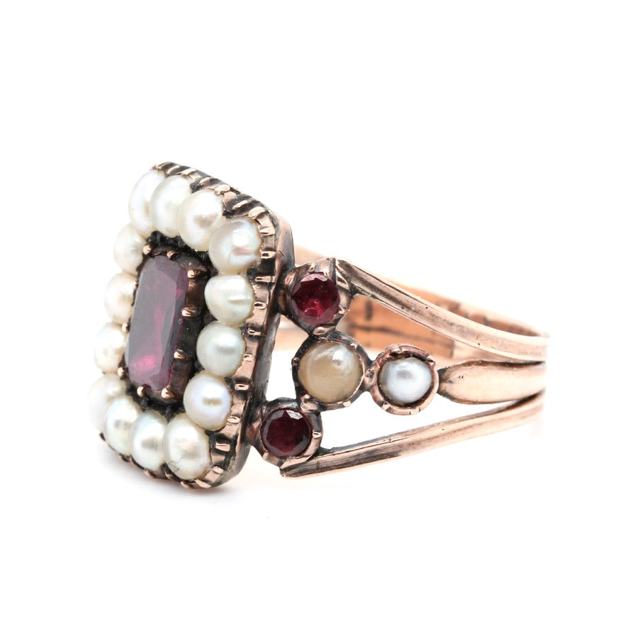 Georgian Garnet Pearl Memorial Ring-Charlotte Sayers Antique Jewellery