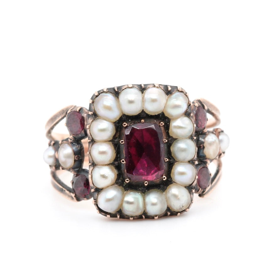 Georgian Garnet Pearl Memorial Ring-Charlotte Sayers Antique Jewellery