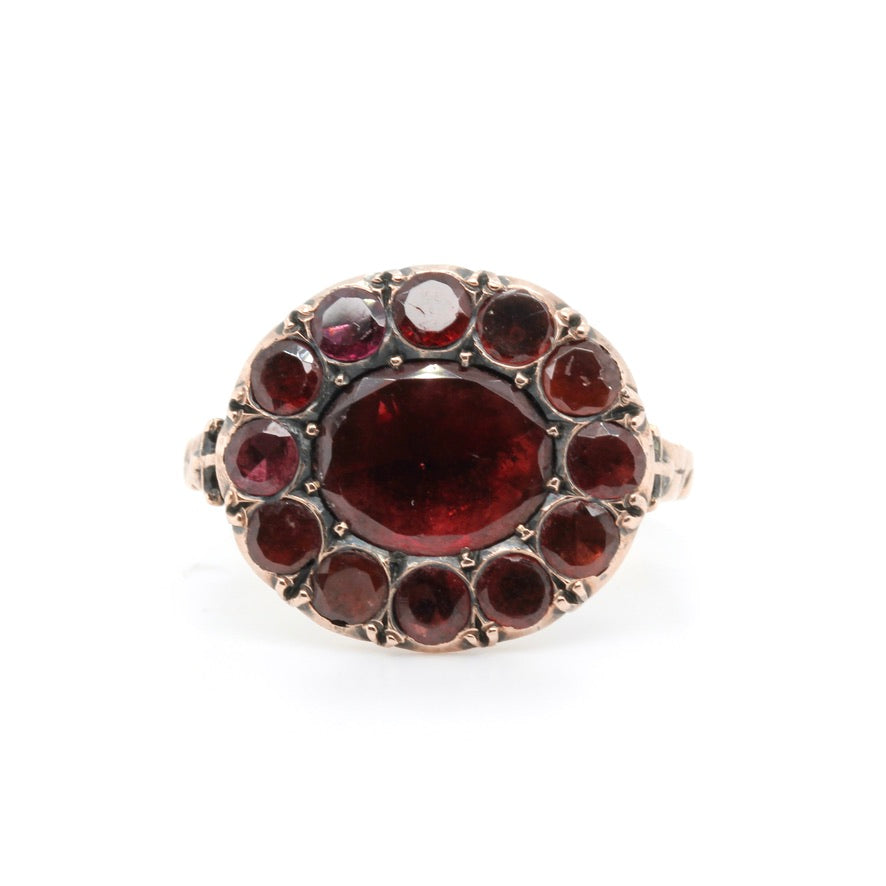 Georgian Garnet and 18ct Gold Cluster Ring-Charlotte Sayers Antique Jewellery