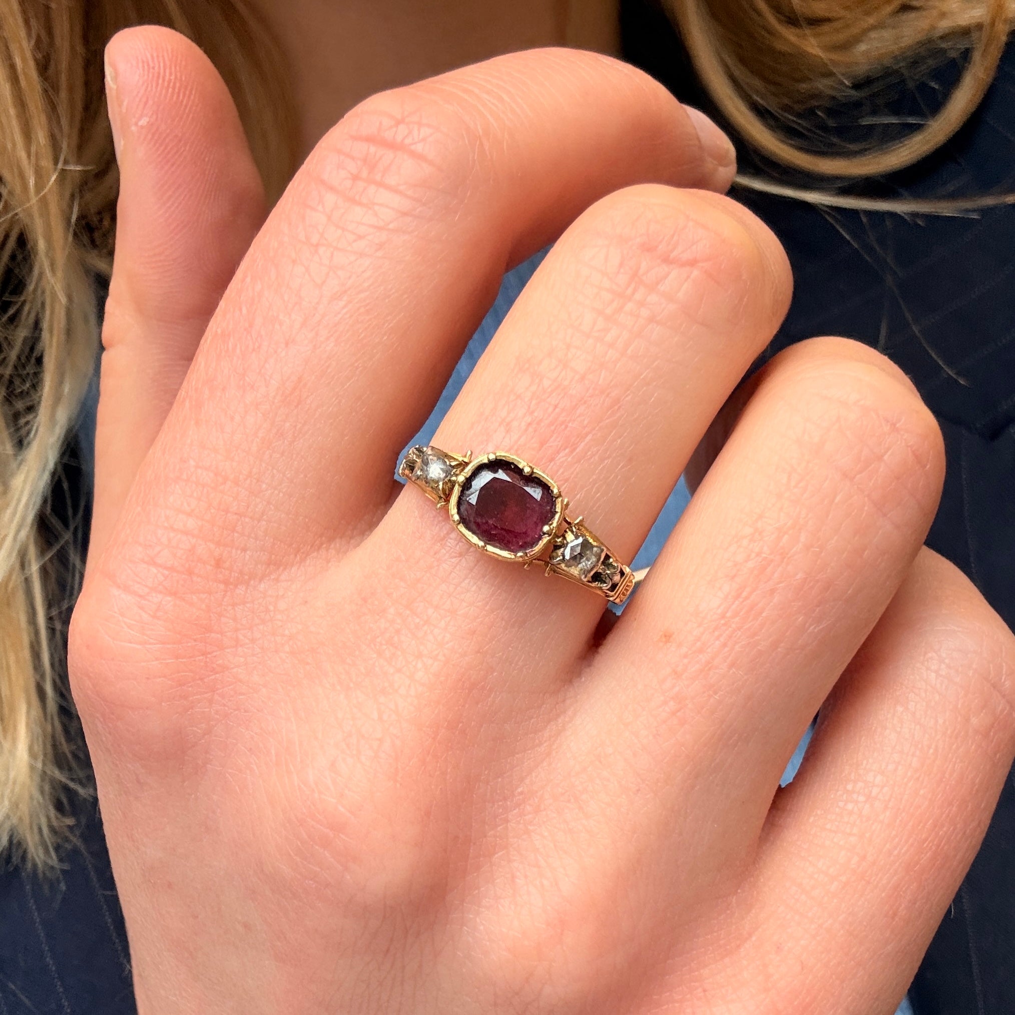 Georgian Garnet and Diamond Basket Ring-Charlotte Sayers Antique Jewellery