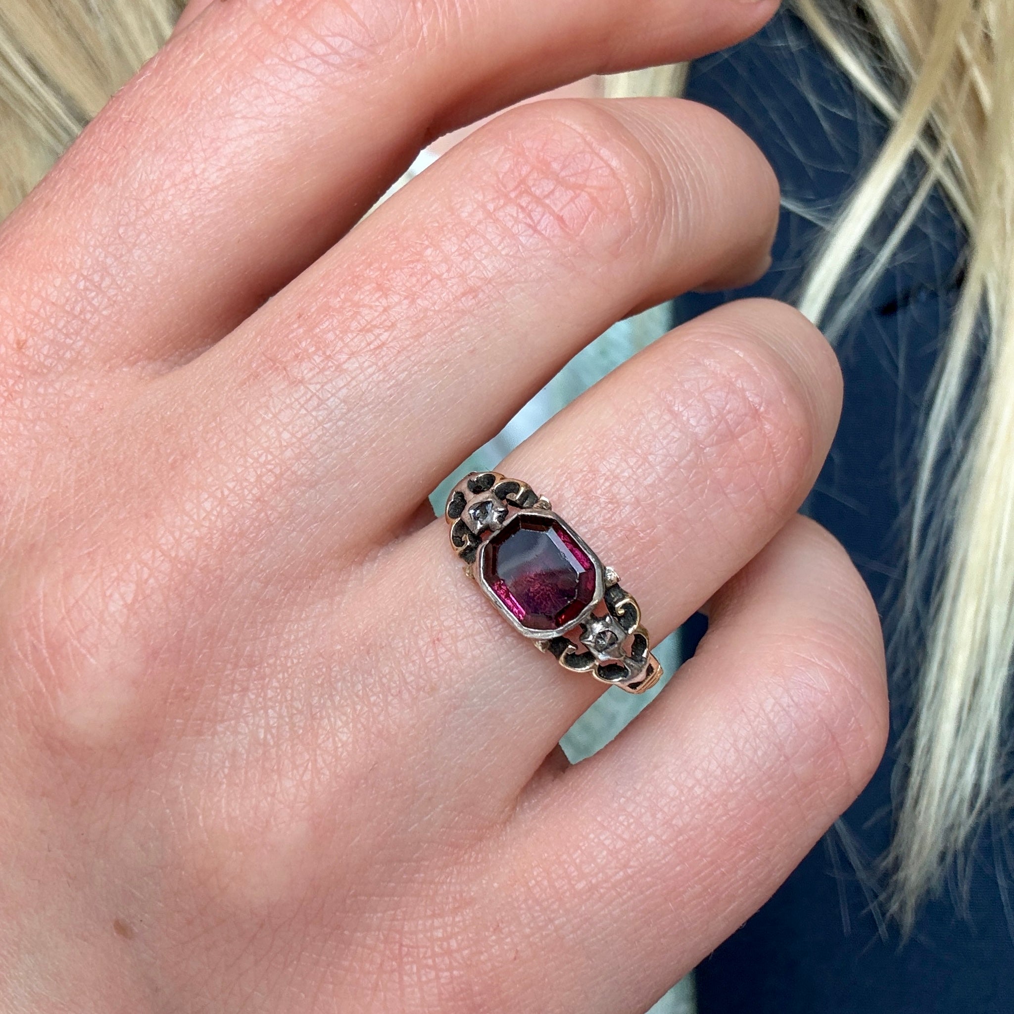 Georgian Garnet and Diamond Basket Ring-Charlotte Sayers Antique Jewellery