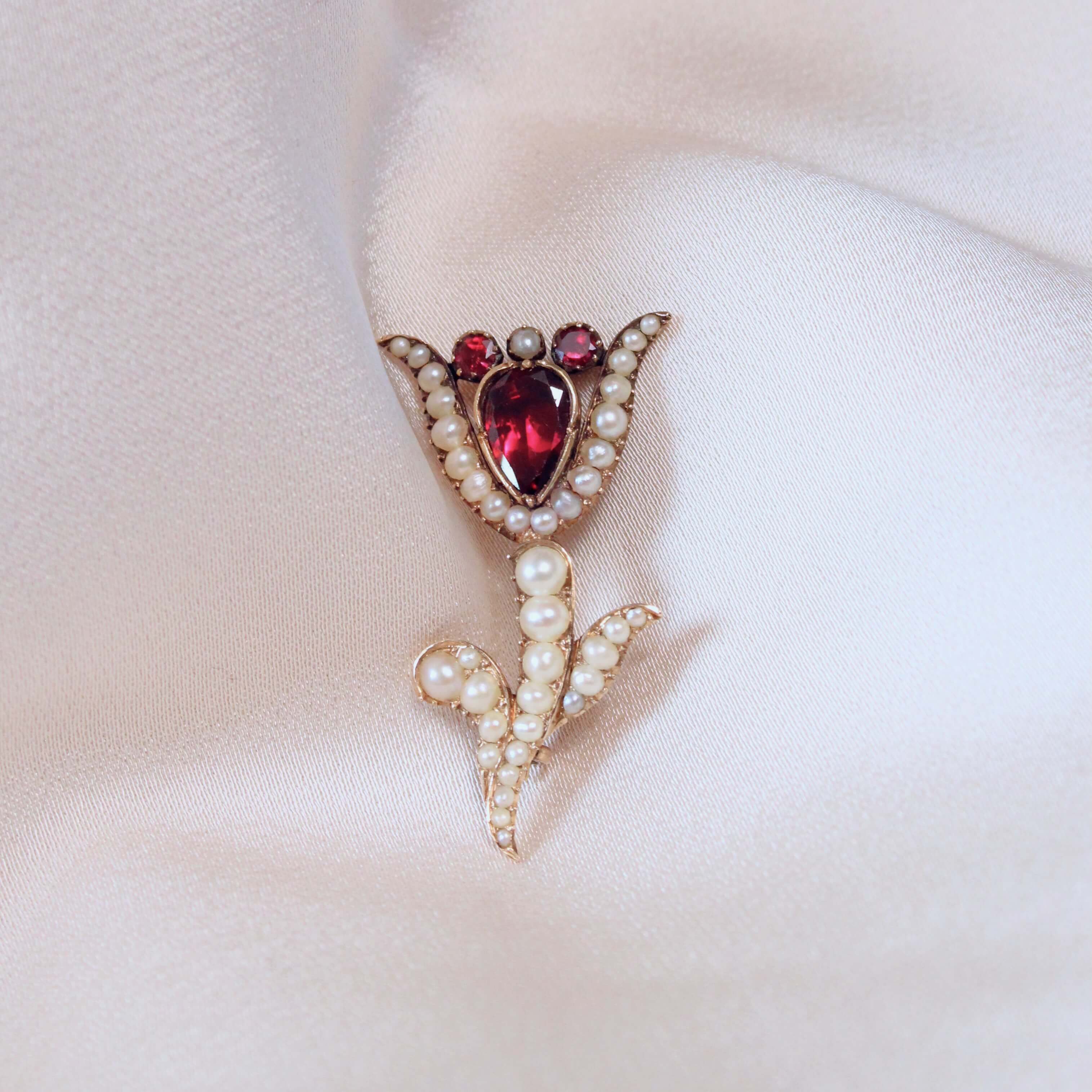 Georgian Garnet and Pearl Flower Brooch-Charlotte Sayers Antique Jewellery