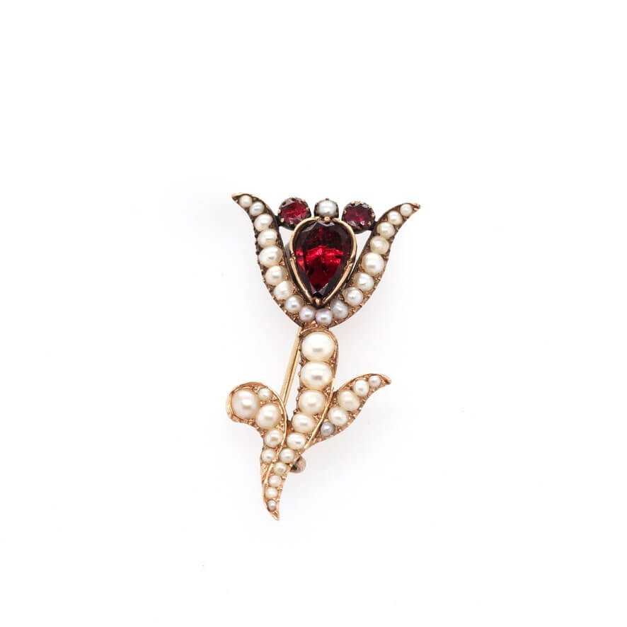 Georgian Garnet and Pearl Flower Brooch-Charlotte Sayers Antique Jewellery