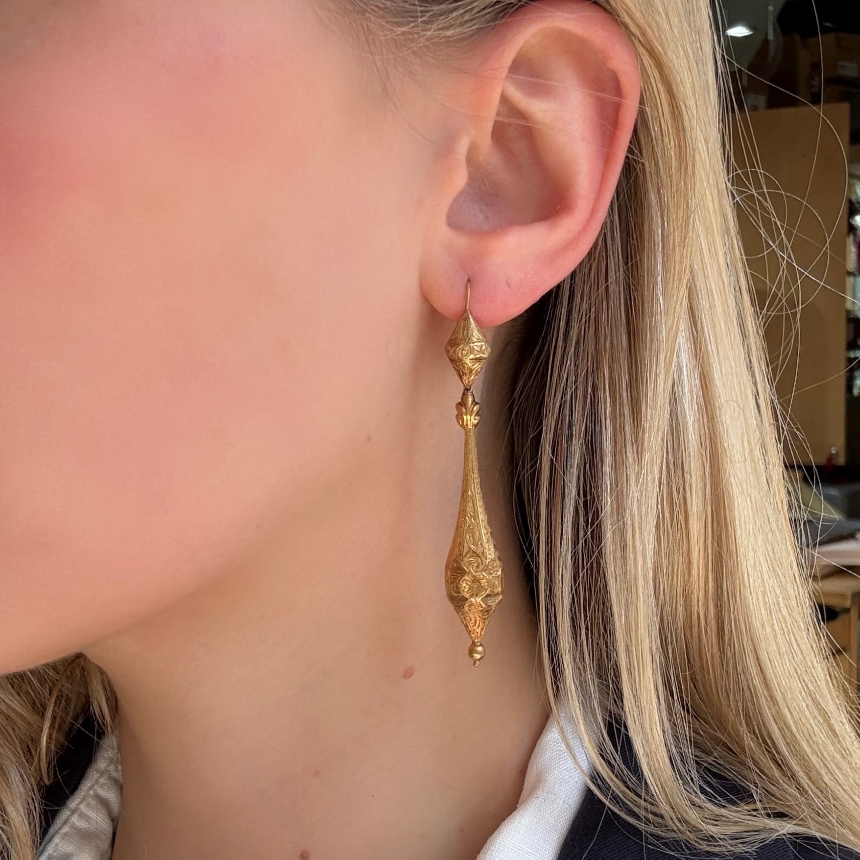 Georgian Gold Hollow Drop Earrings-Charlotte Sayers Antique Jewellery