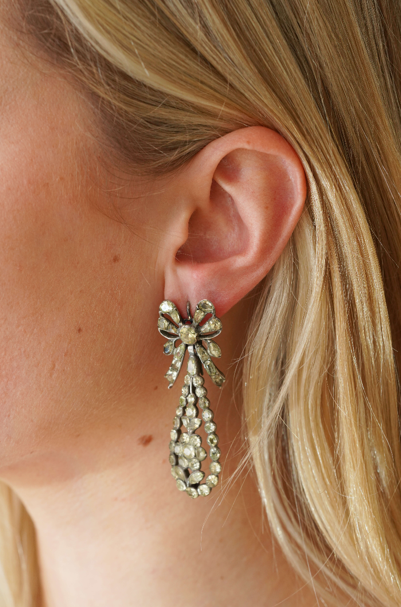 Georgian Iberian Chrysolite Bow Drop Earrings-Charlotte Sayers Antique Jewellery