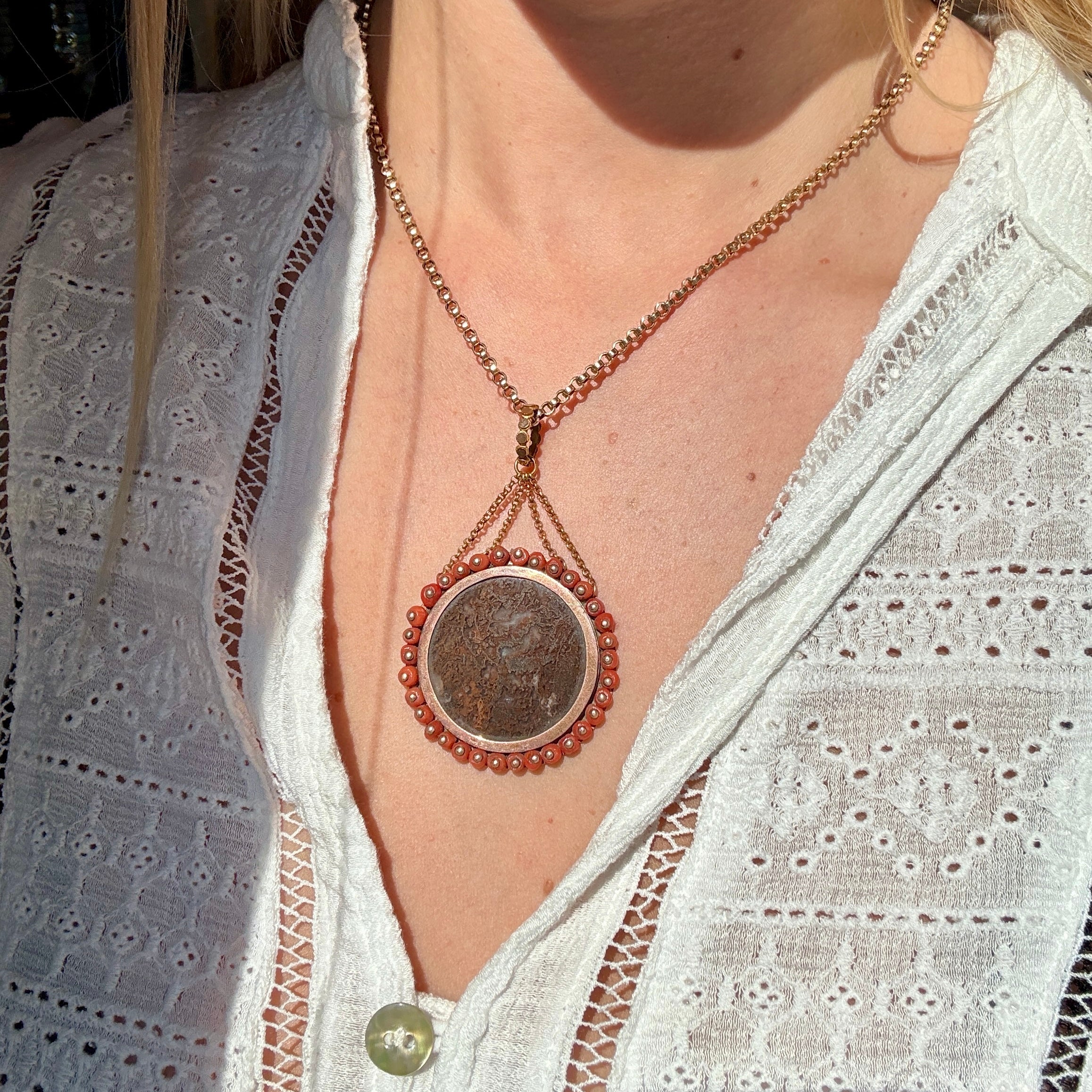 Georgian Moss Agate and Coral Pendant-Charlotte Sayers Antique Jewellery