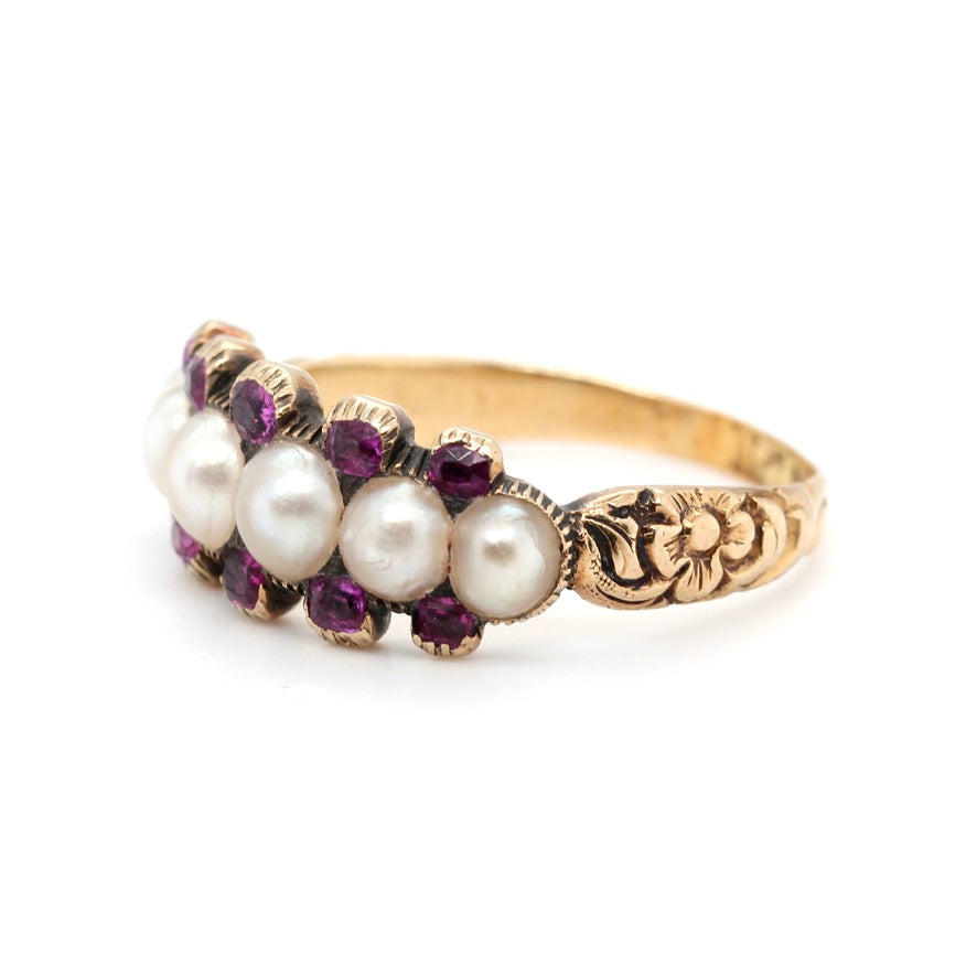 Georgian Natural Pearl and Ruby Line Ring-Charlotte Sayers Antique Jewellery