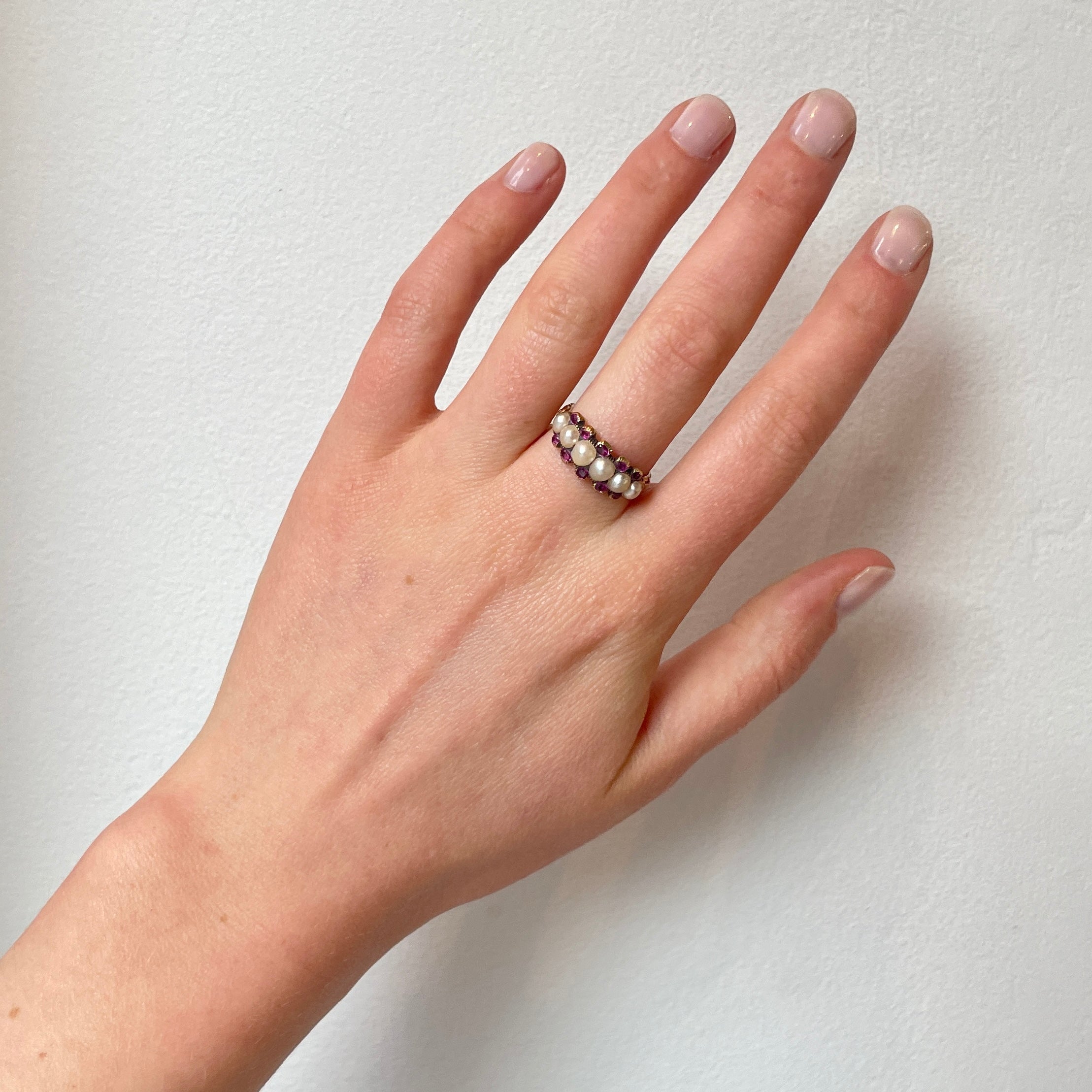 Georgian Natural Pearl and Ruby Line Ring-Charlotte Sayers Antique Jewellery