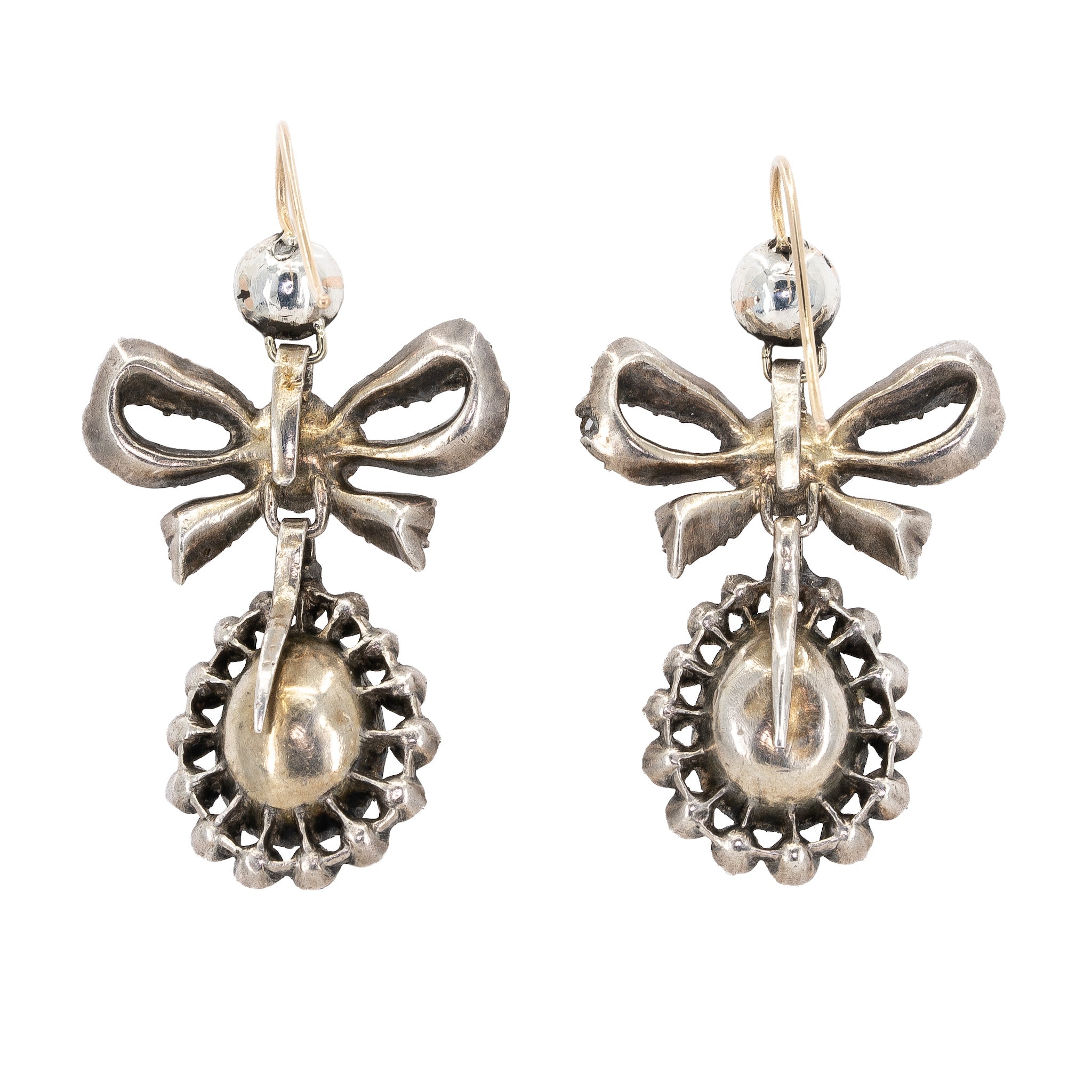 Georgian Paste Silver Bow and Drop Earrings-Charlotte Sayers Antique Jewellery