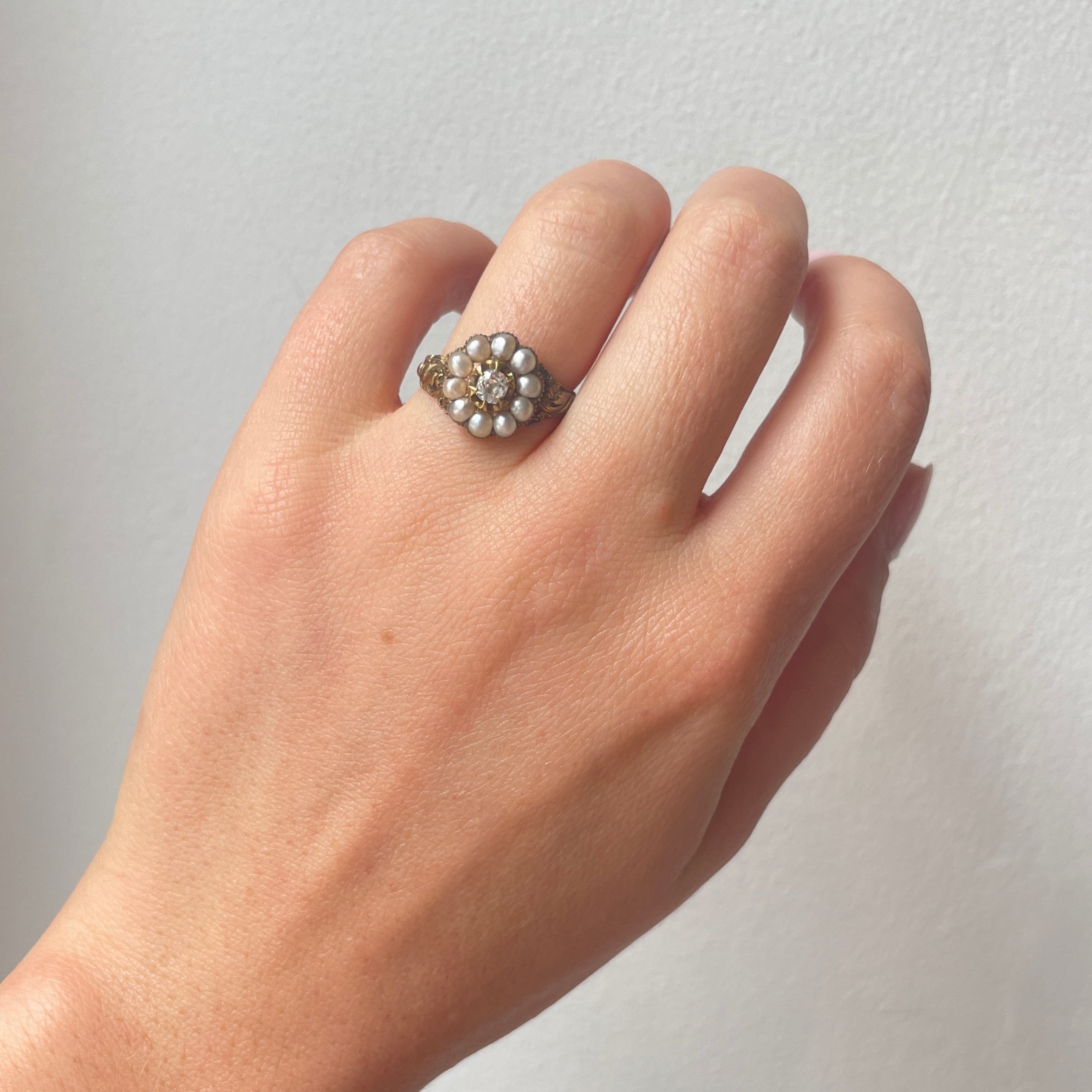 Georgian Pearl and Diamond Cluster Ring-Charlotte Sayers Antique Jewellery