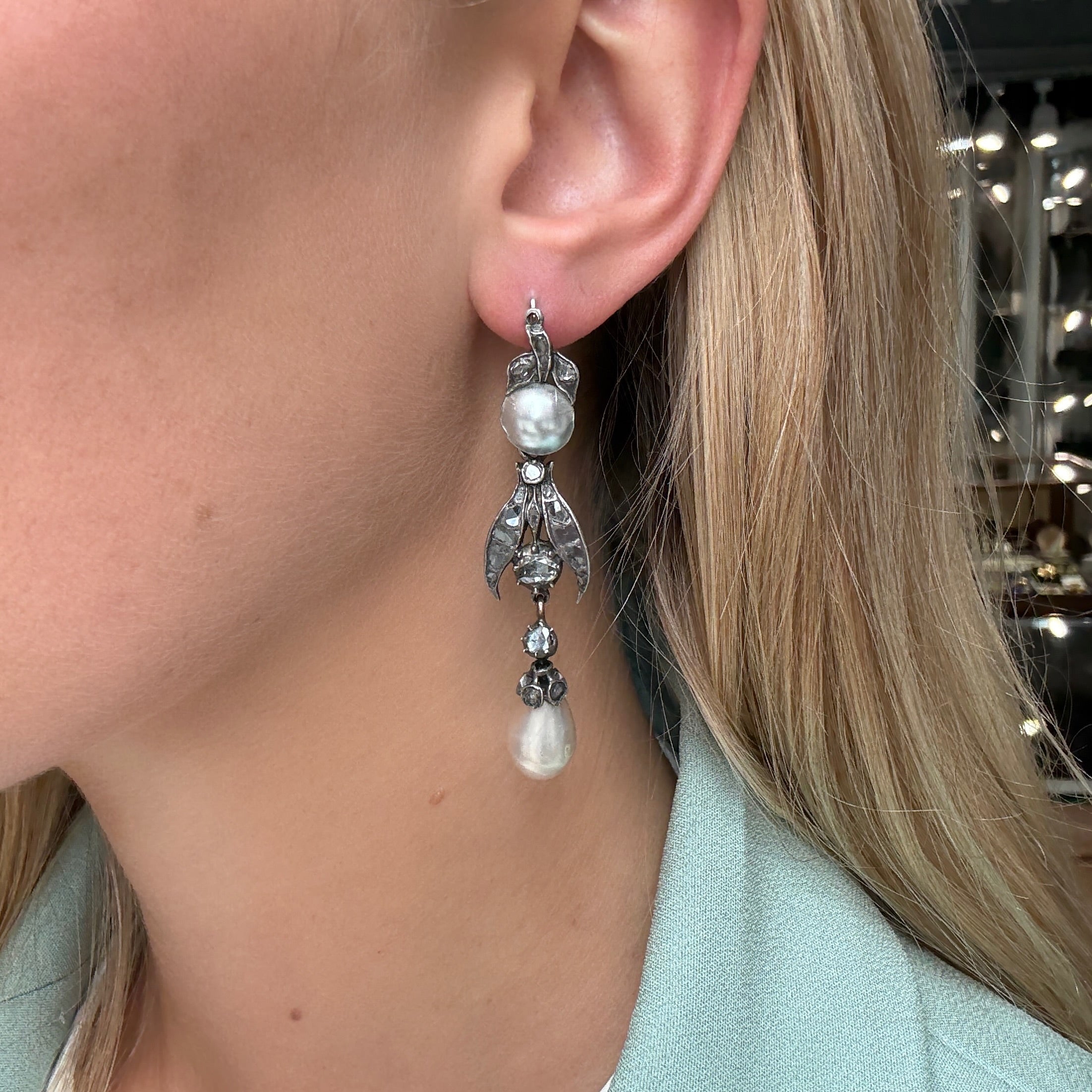 Georgian Pearl and Diamond Drop Earrings-Charlotte Sayers Antique Jewellery