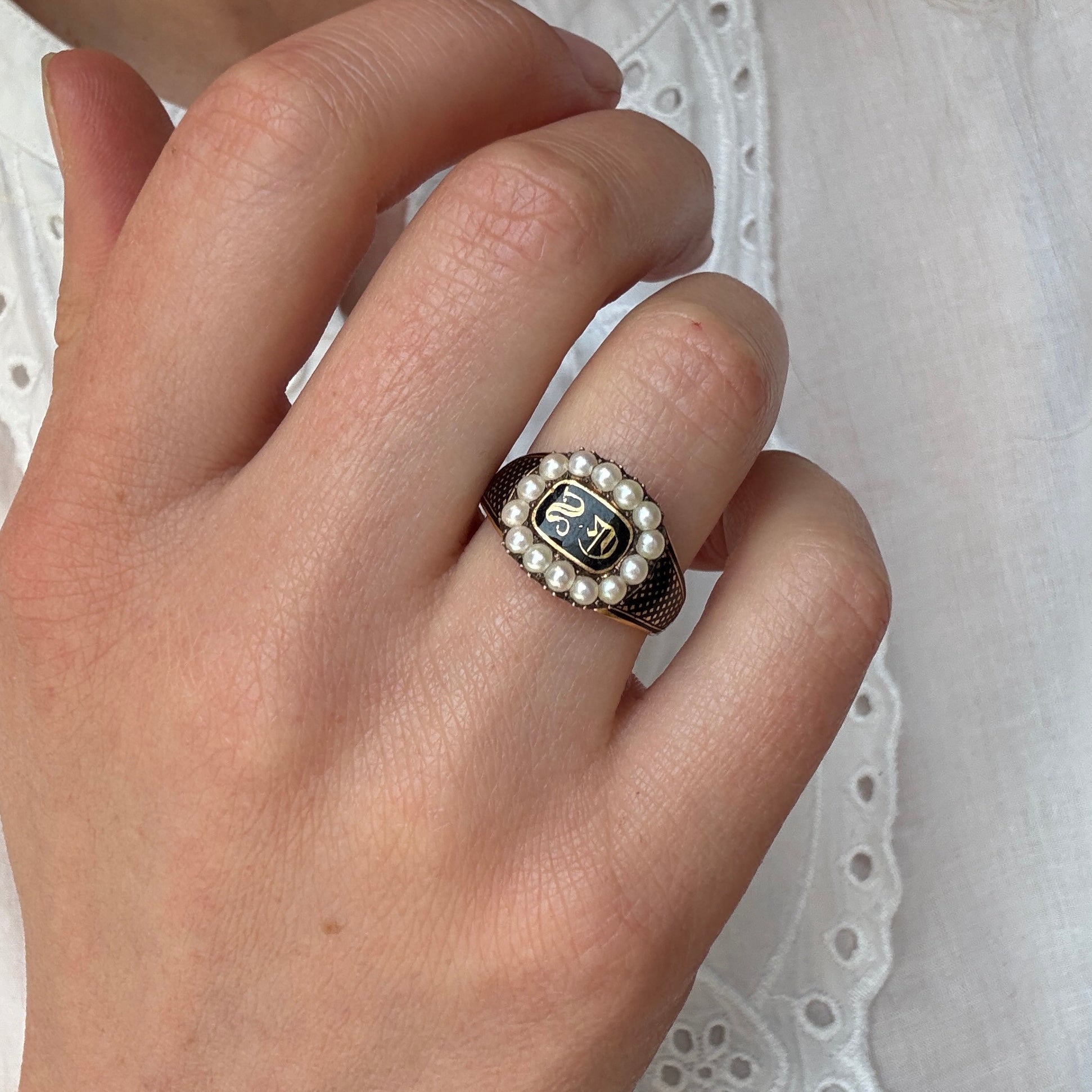 Georgian Pearl and Enamel Mourning Ring-Charlotte Sayers Antique Jewellery