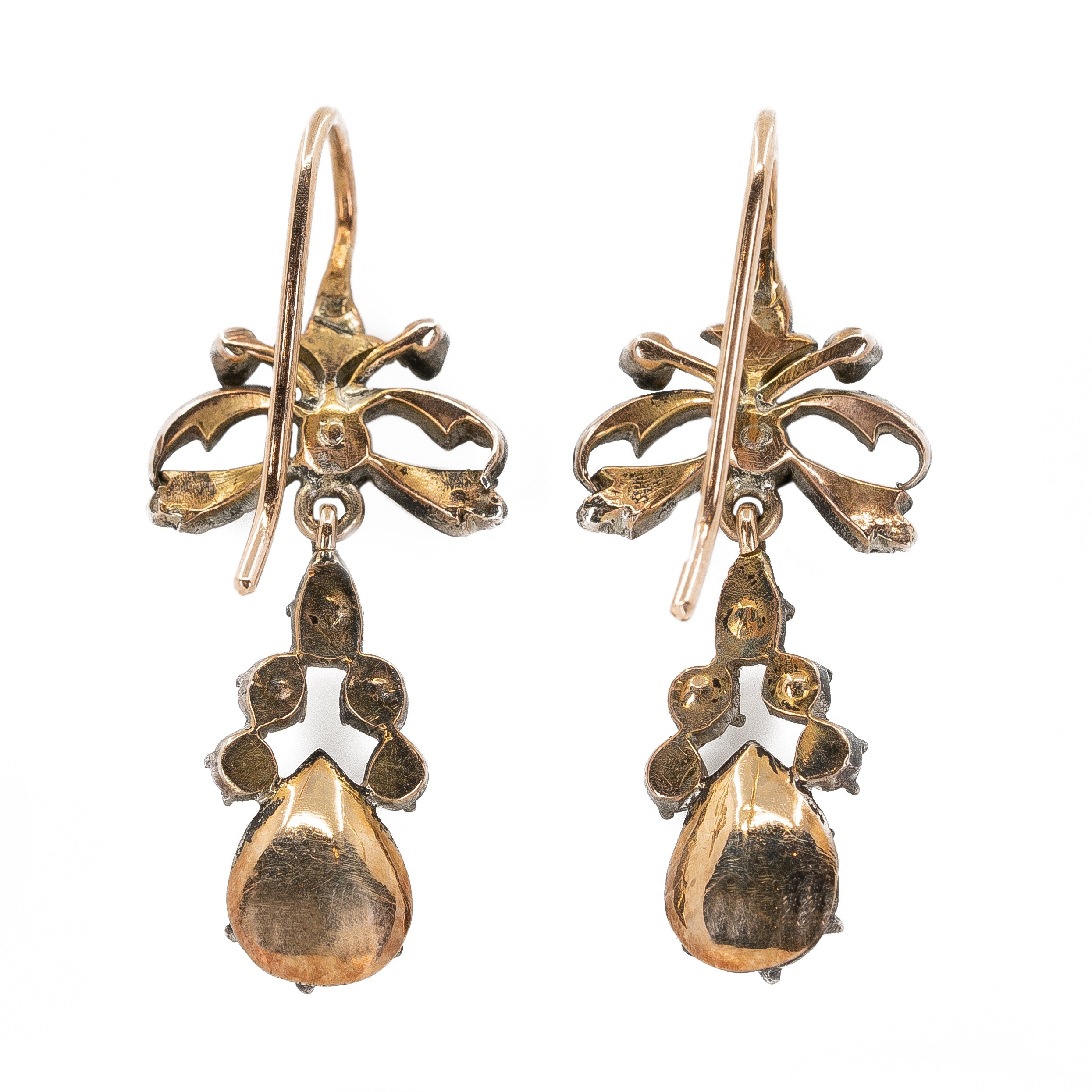 Georgian Rose Cut Diamond Bow Drop Earrings-Charlotte Sayers Antique Jewellery