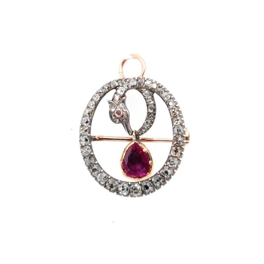 Georgian Ruby and Diamond Snake Pendant / Brooch-Charlotte Sayers Antique Jewellery