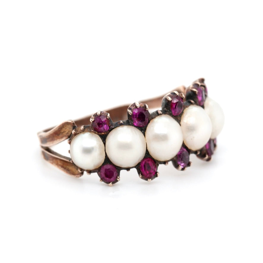 Georgian Ruby and Pearl Line Ring-Charlotte Sayers Antique Jewellery