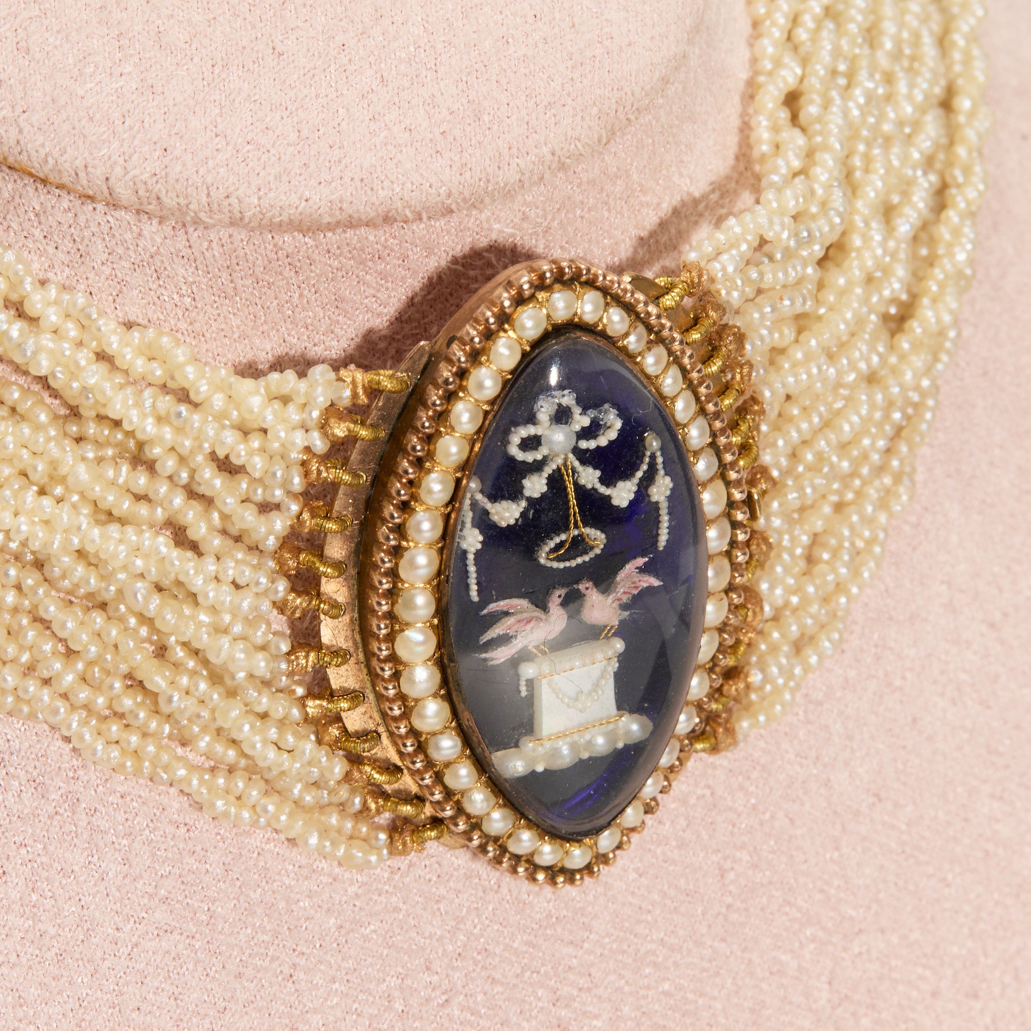 Georgian Seed Pearl Choker with Navette Enamel Clasp-Charlotte Sayers Antique Jewellery