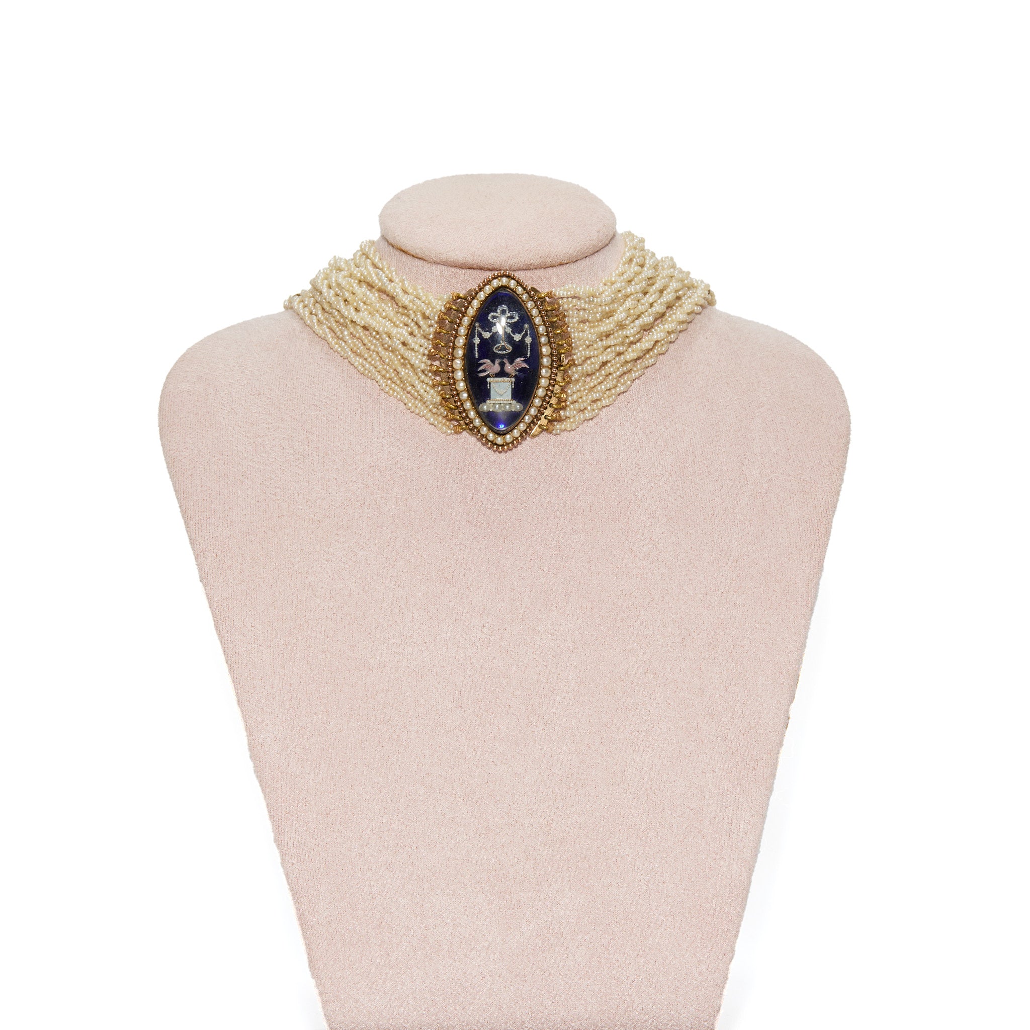Georgian Seed Pearl Choker with Navette Enamel Clasp-Charlotte Sayers Antique Jewellery