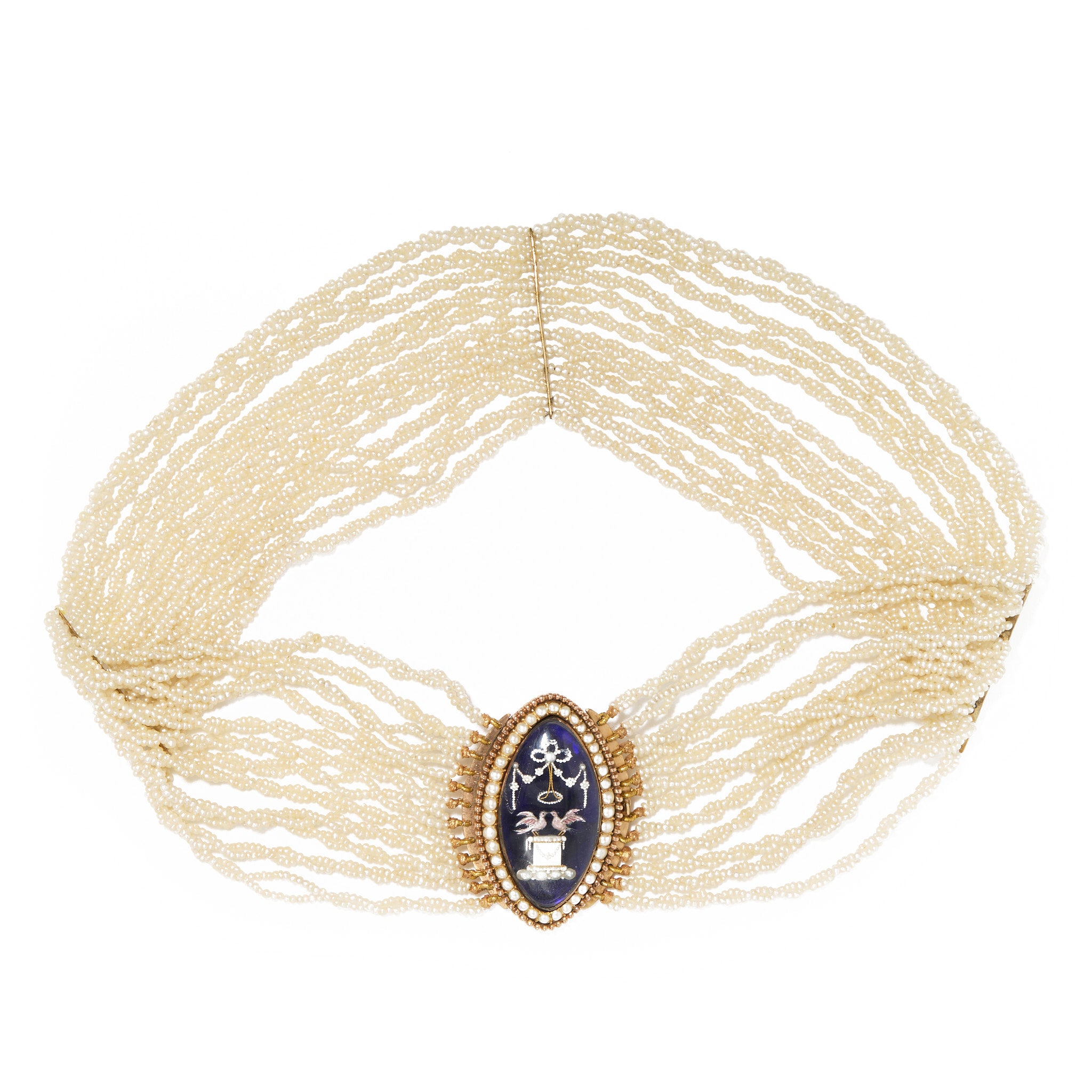 Georgian Seed Pearl Choker with Navette Enamel Clasp-Charlotte Sayers Antique Jewellery