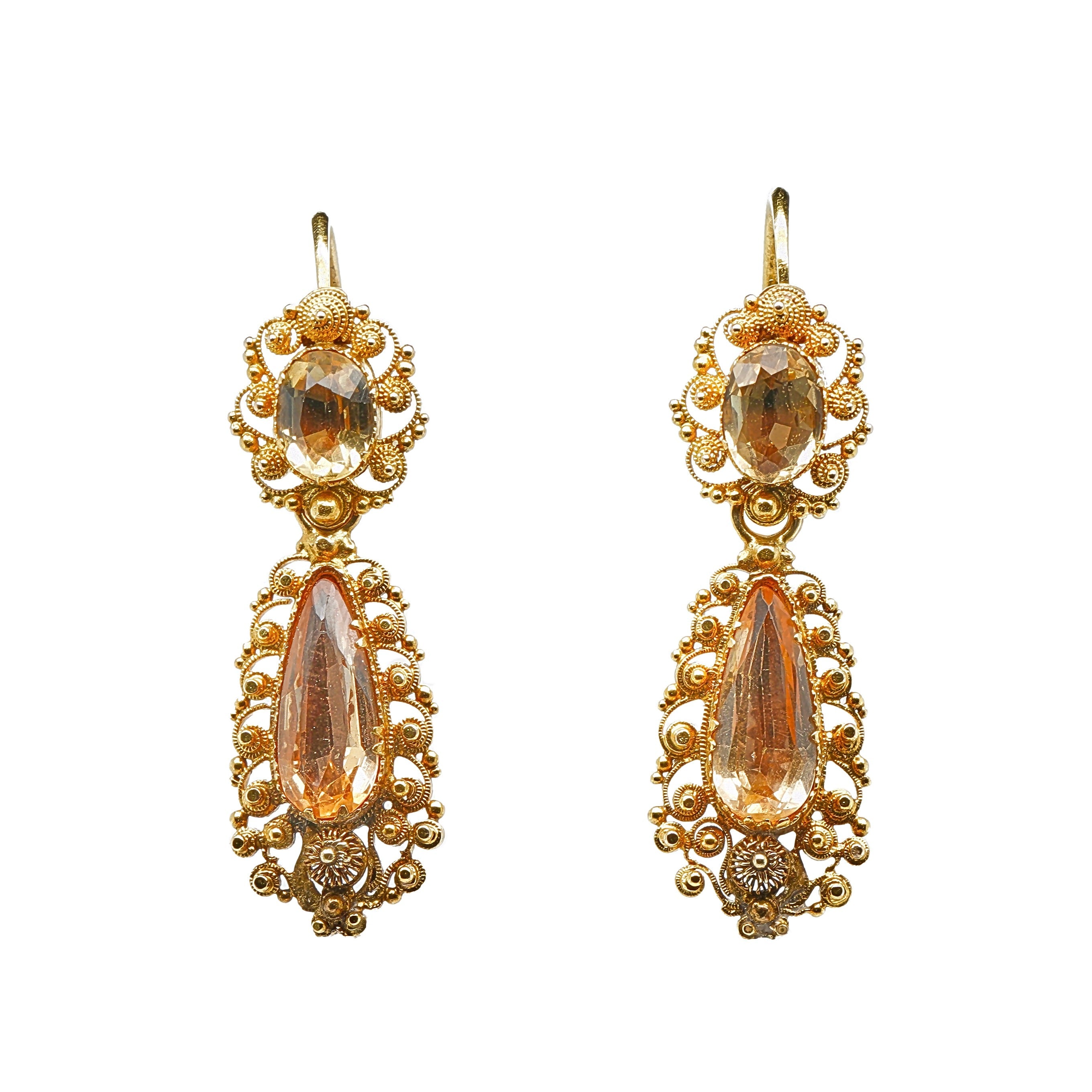 Georgian Toapz Canetille Drop Earrings-Charlotte Sayers Antique Jewellery