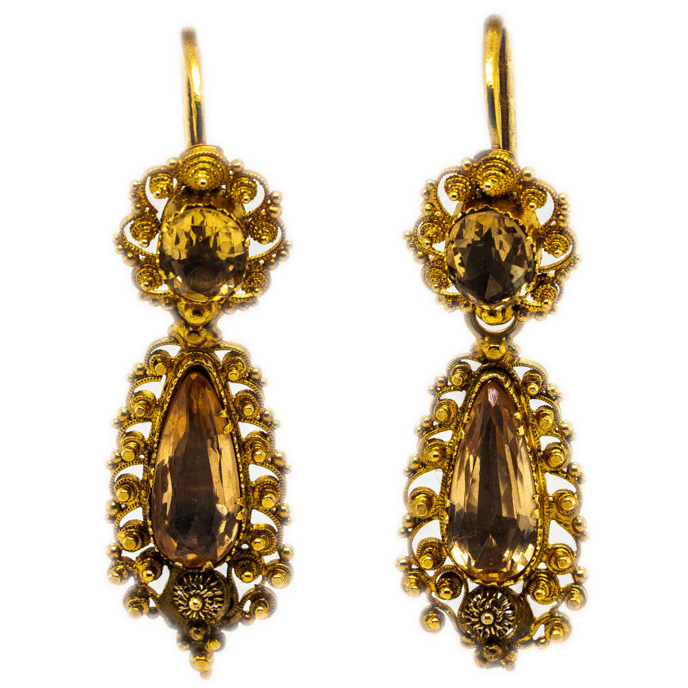 Georgian Topaz Cannetille Drop Earrings-Charlotte Sayers Antique Jewellery