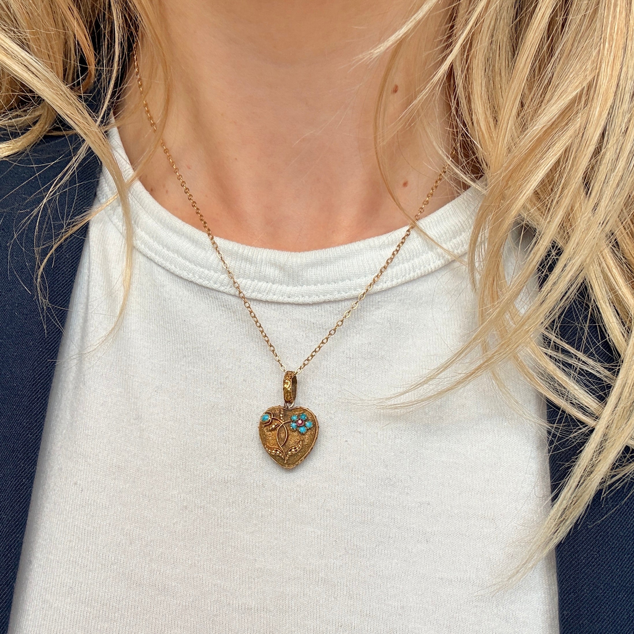 Georgian Turquoise Forget Me Not Gold Heart Pendant-Charlotte Sayers Antique Jewellery