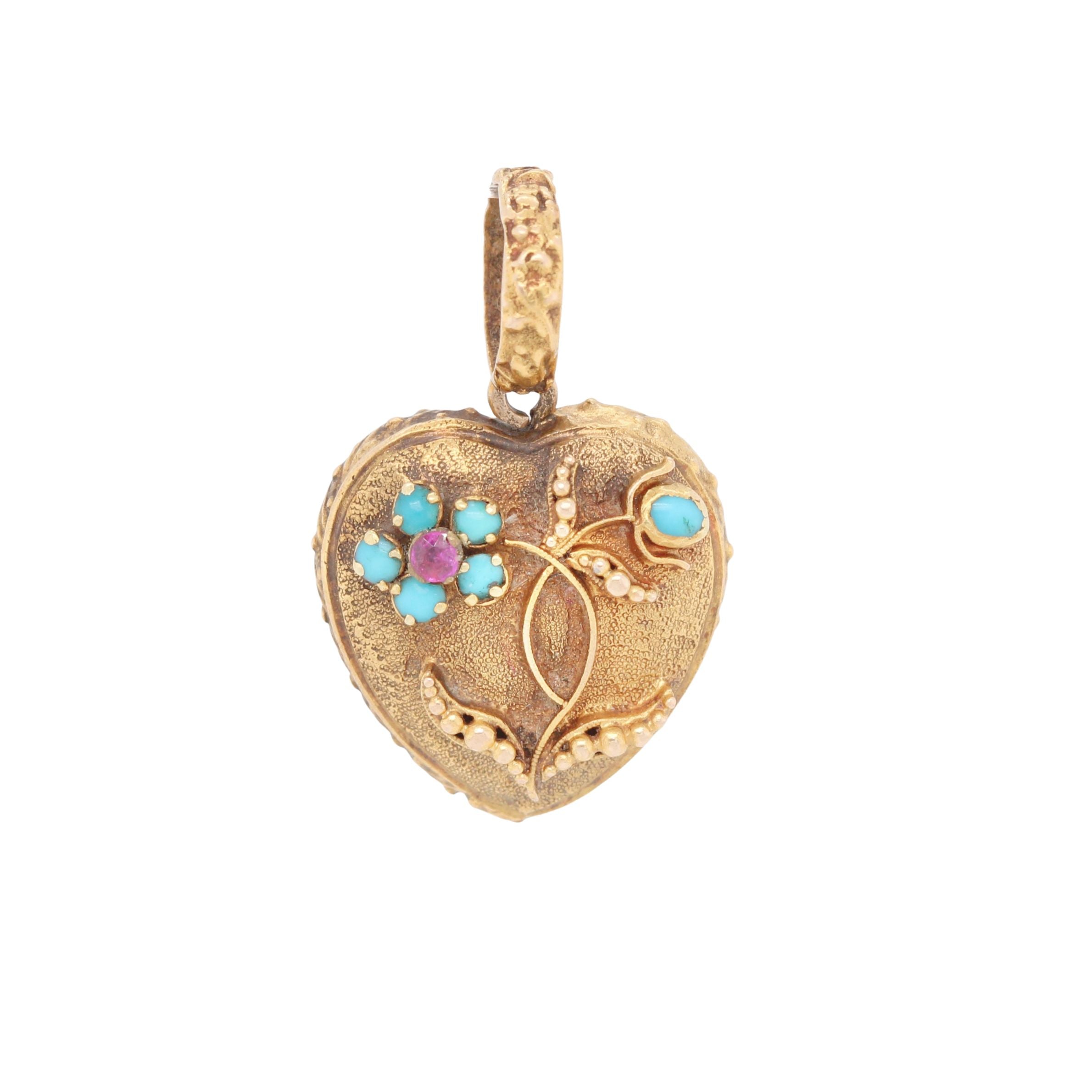 Georgian Turquoise Forget Me Not Gold Heart Pendant-Charlotte Sayers Antique Jewellery