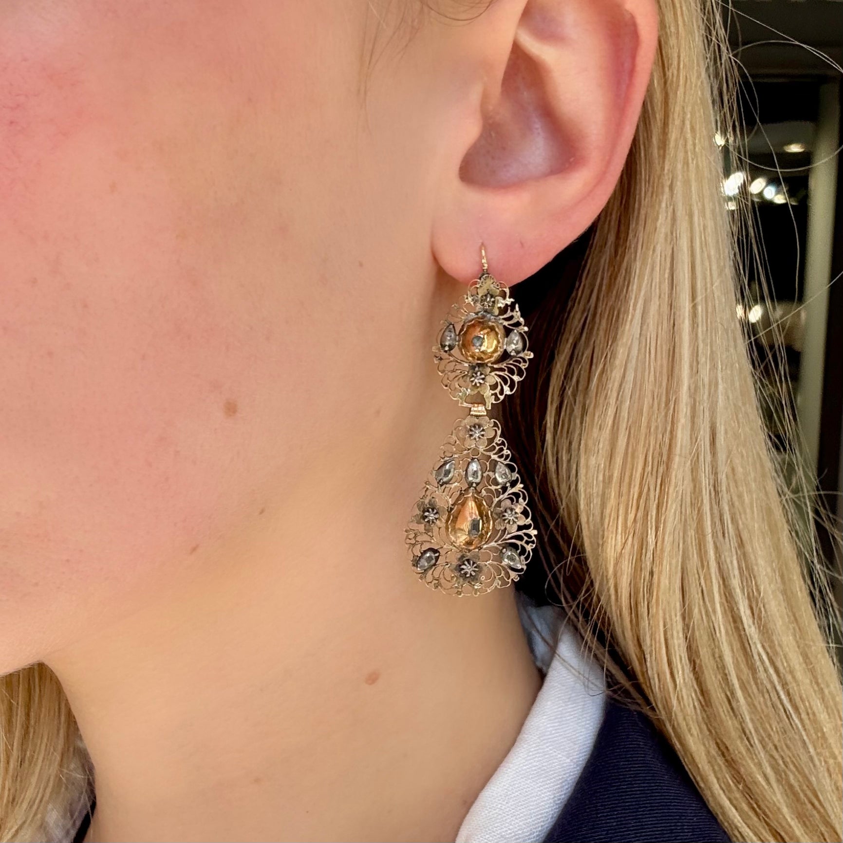 Iberian Diamond Drop Earrings-Charlotte Sayers Antique Jewellery