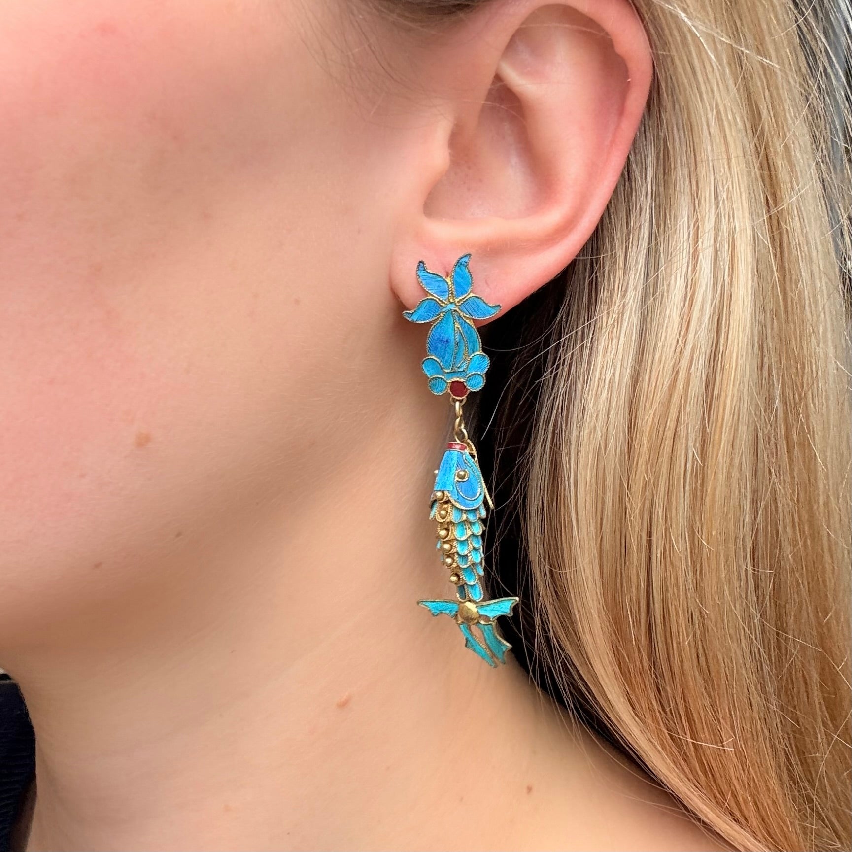 Kingfisher Feather Earrings-Charlotte Sayers Antique Jewellery