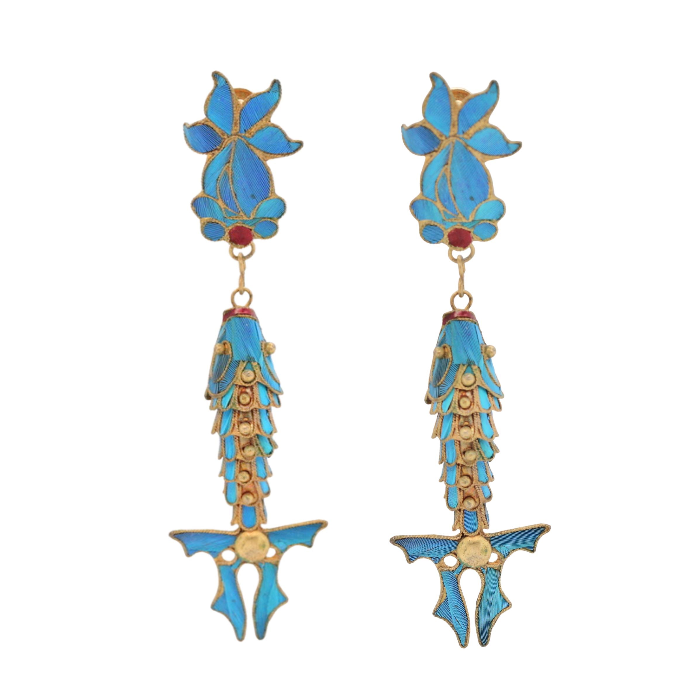 Kingfisher Feather Earrings-Charlotte Sayers Antique Jewellery