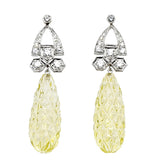 Lemon Quartz Diamond Drop Earrings-Charlotte Sayers Antique Jewellery