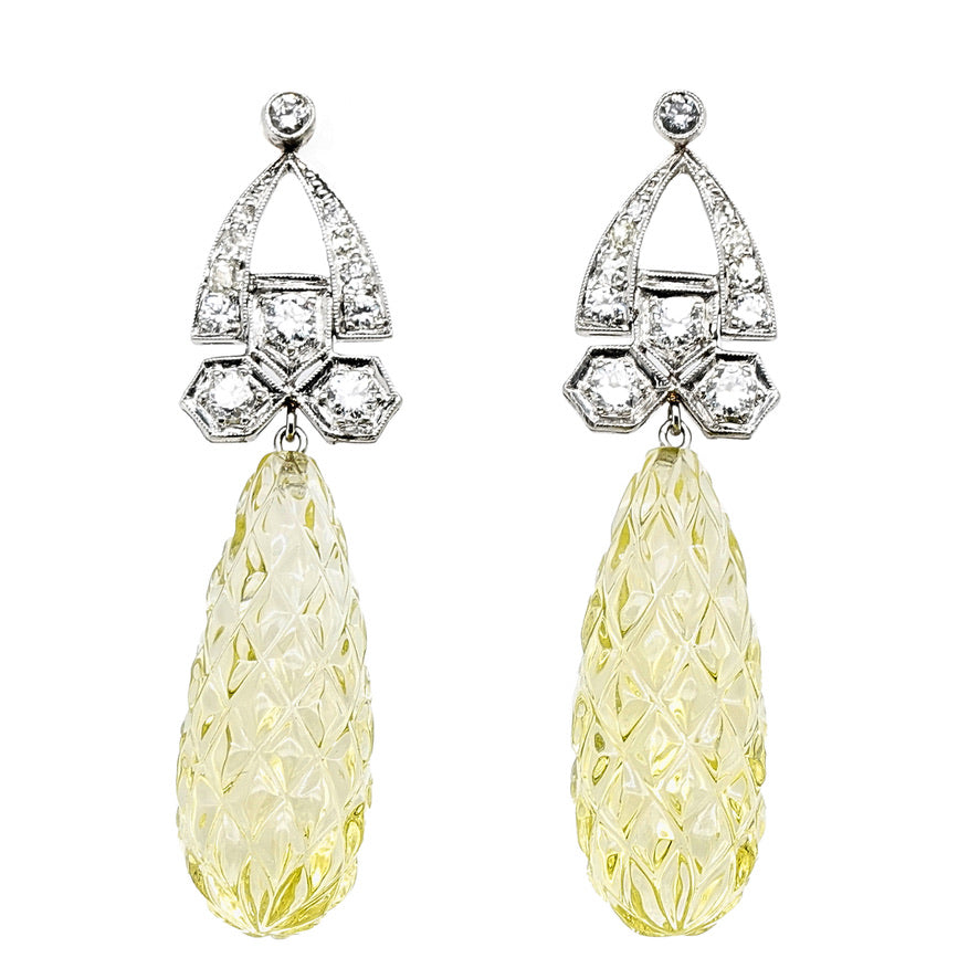 Lemon Quartz Diamond Drop Earrings-Charlotte Sayers Antique Jewellery