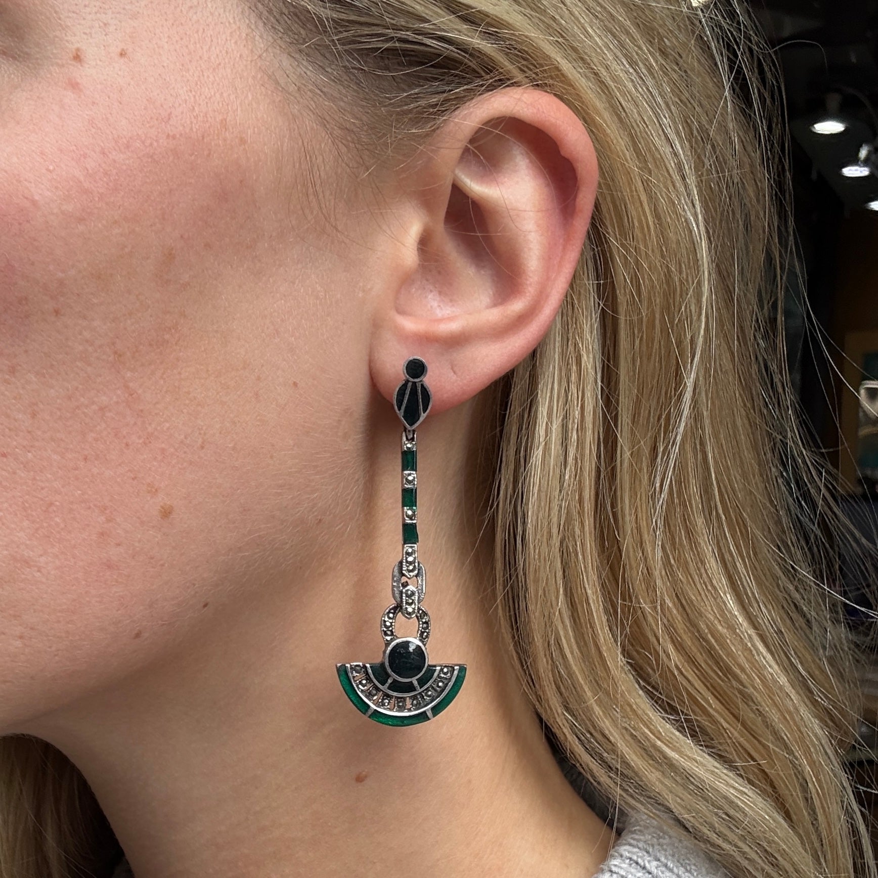 Marcasite & Enamel Earrings-Charlotte Sayers Antique Jewellery