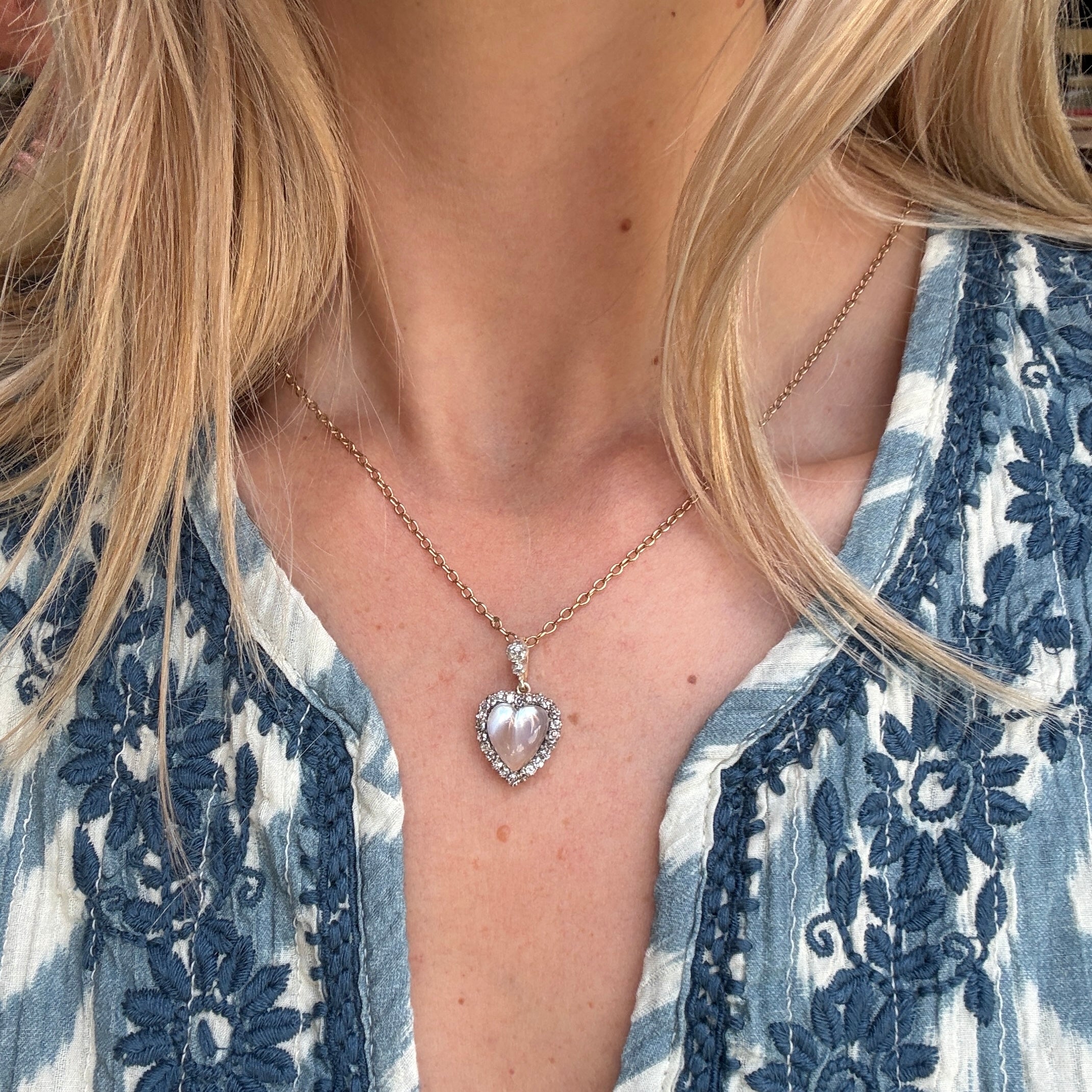 Moonstone Diamond Heart Pendant-Charlotte Sayers Antique Jewellery