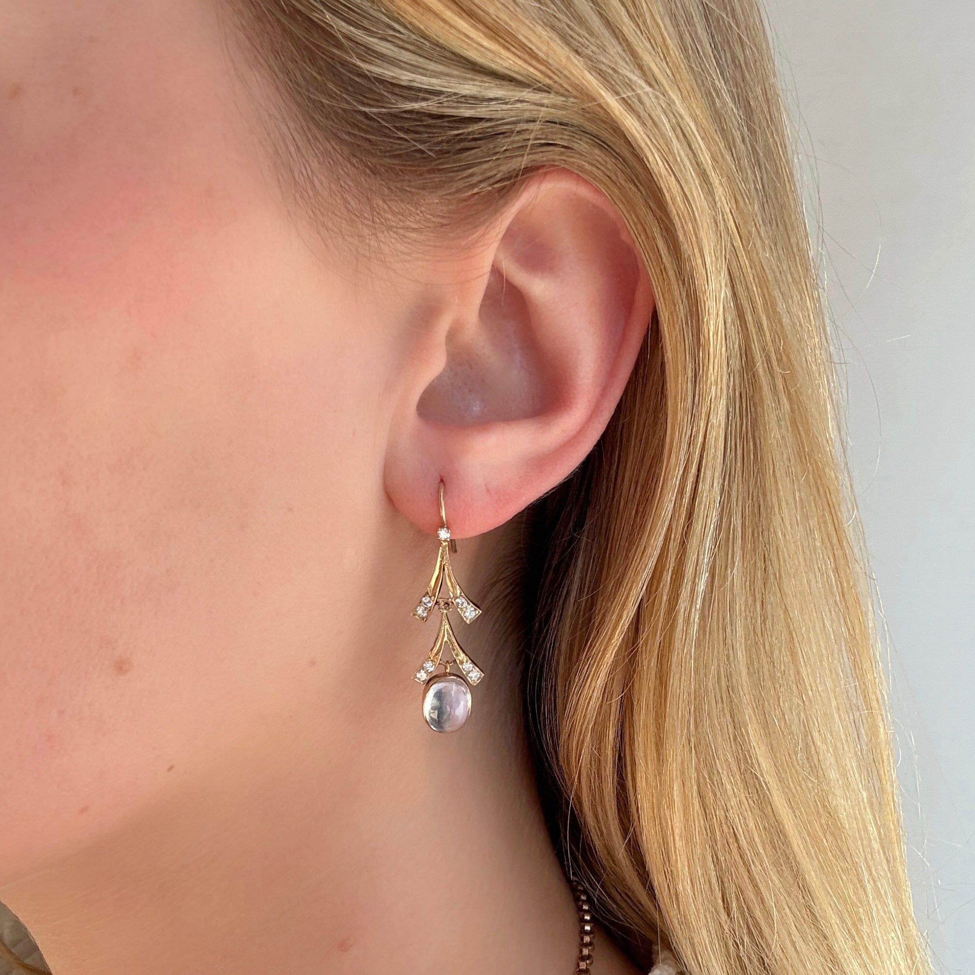 Moonstone and Diamond Earrings-Charlotte Sayers Antique Jewellery
