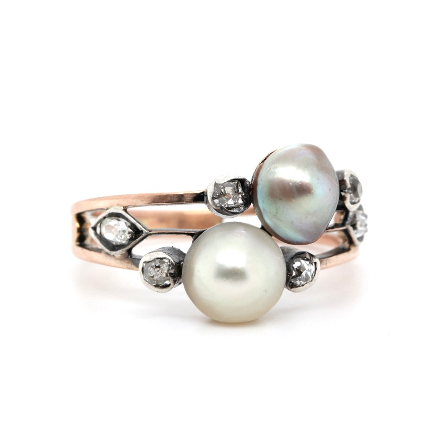 Natural Bouton Two Colour Pearl and Diamond Ring-Charlotte Sayers Antique Jewellery